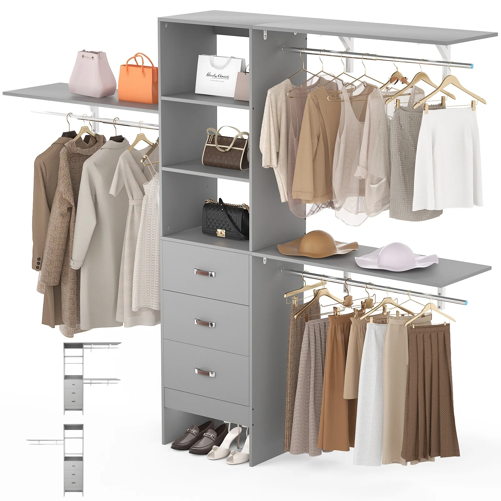 Rackcog 120'' Closet Organizer with Drawers, Closet System with DIY Shelves for Reach-in and Walk-in Closet