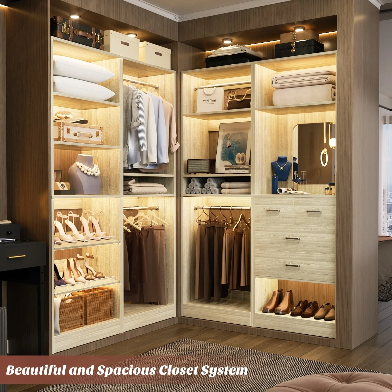 Cimly Set of 2 Free-standing Closet System with Drawers and Hanging Rods for Reach-in/ Walk-in Closet