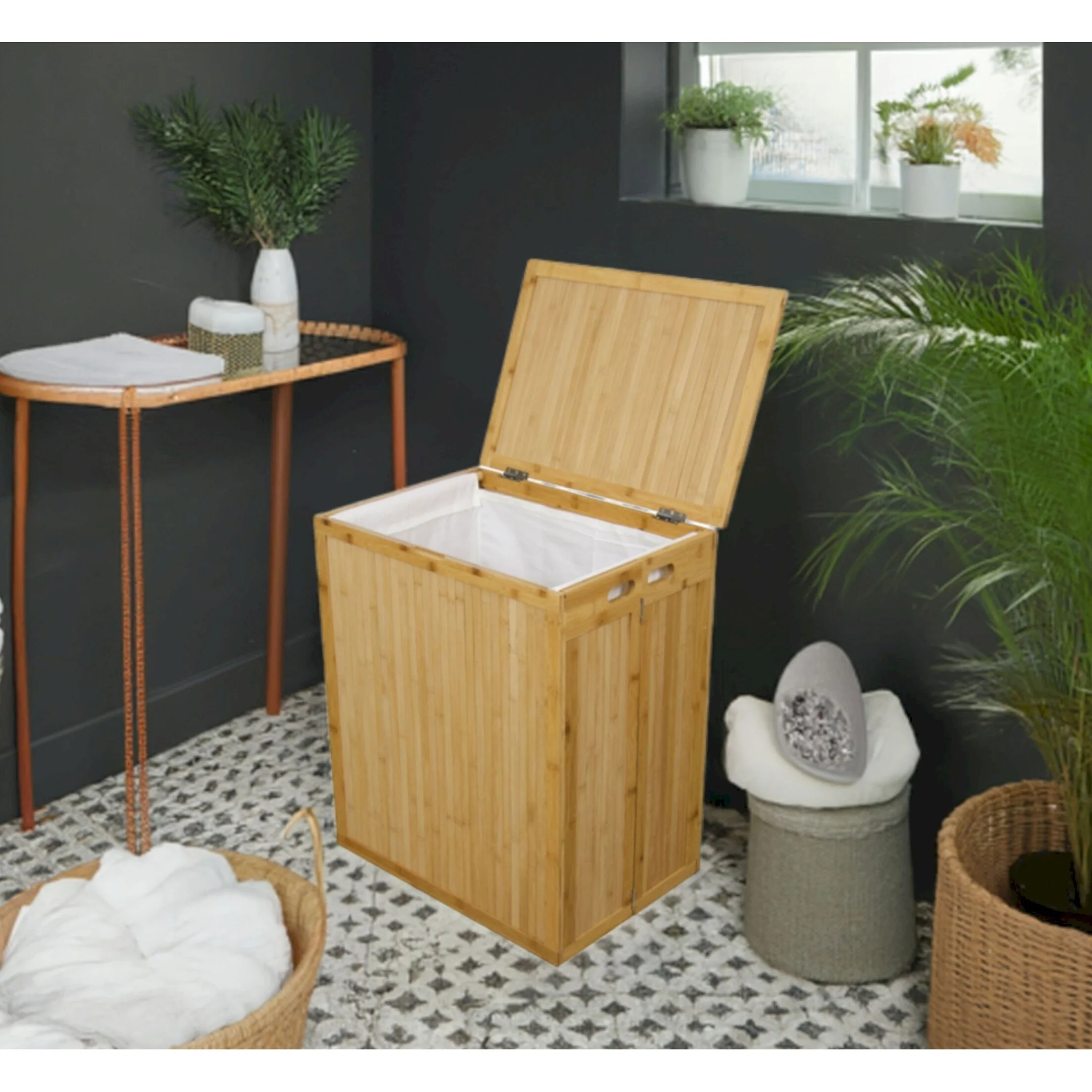 Solid Bamboo Folding Clothes Hamper w/ Removable Laundry Bag