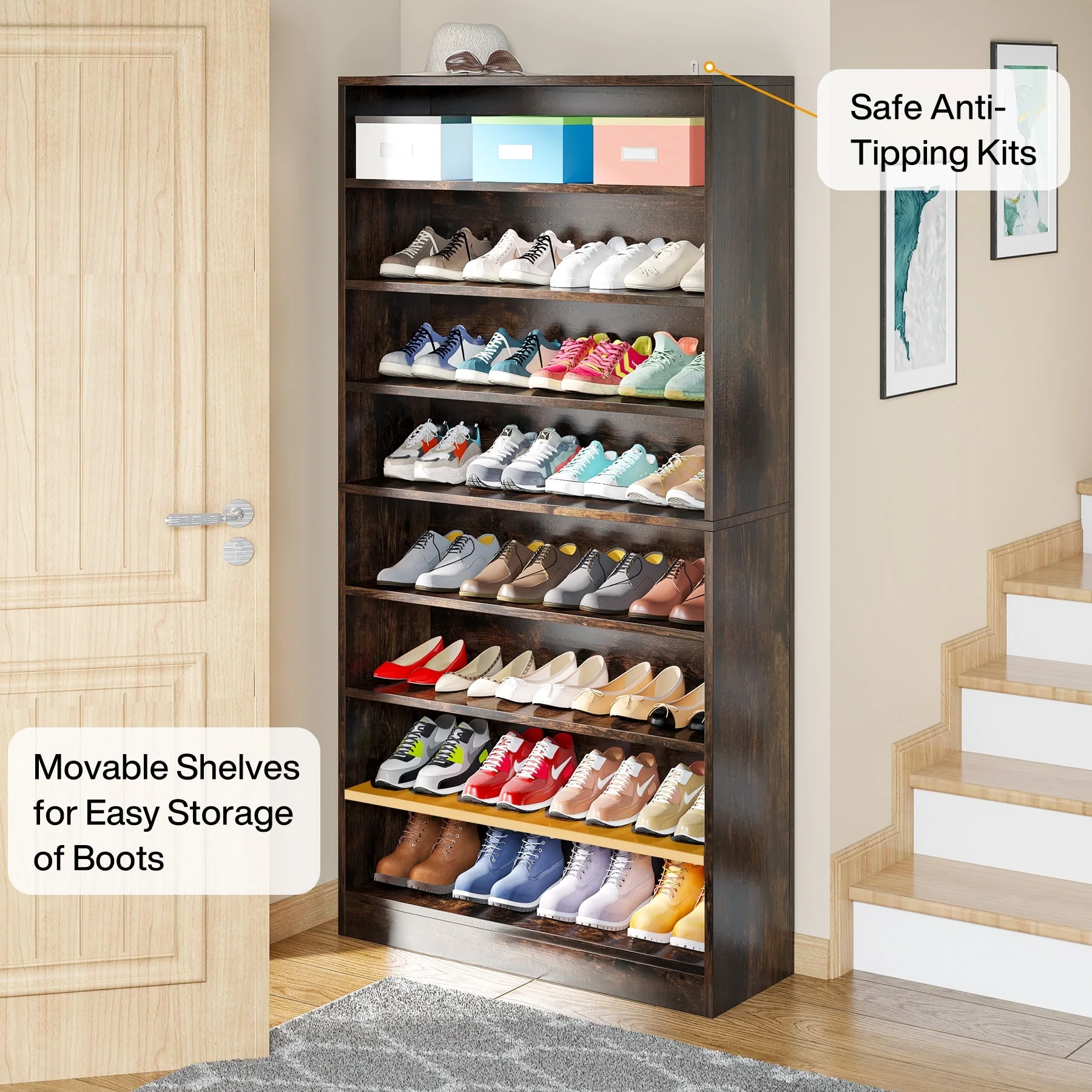 9 Tiers 40-45 Pairs Heavy Duty Wood Freestanding Shoe Storage Cabinet
