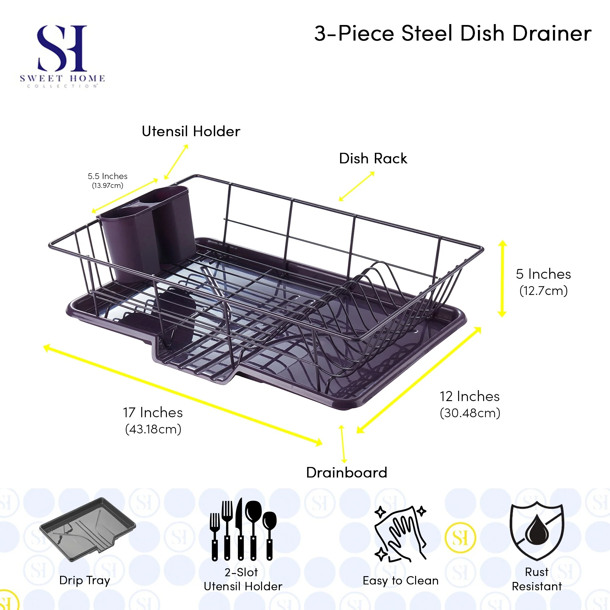 Sweet Home Collection 3-Piece Kitchen Sink Dish Drainer Set