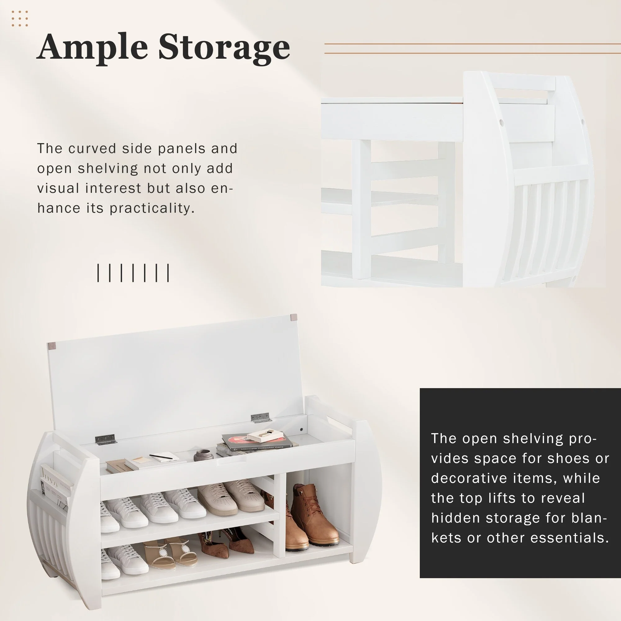 Multifunctional Storage Bench with Cushion and Curved Side Panel for Entrance and Living Room