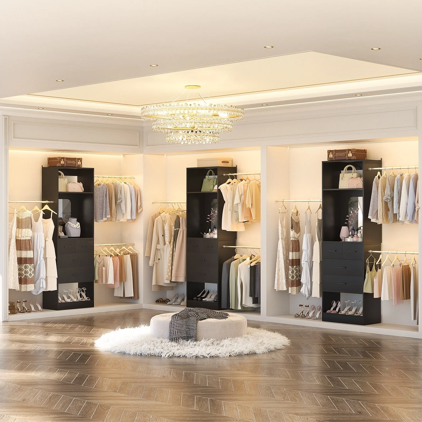 96'' W Closet System with Mirror, 8FT Walk-in Closet Organizer Kits with 4 Wooden Drawers ＆ 3 Extendable Hanging Rods