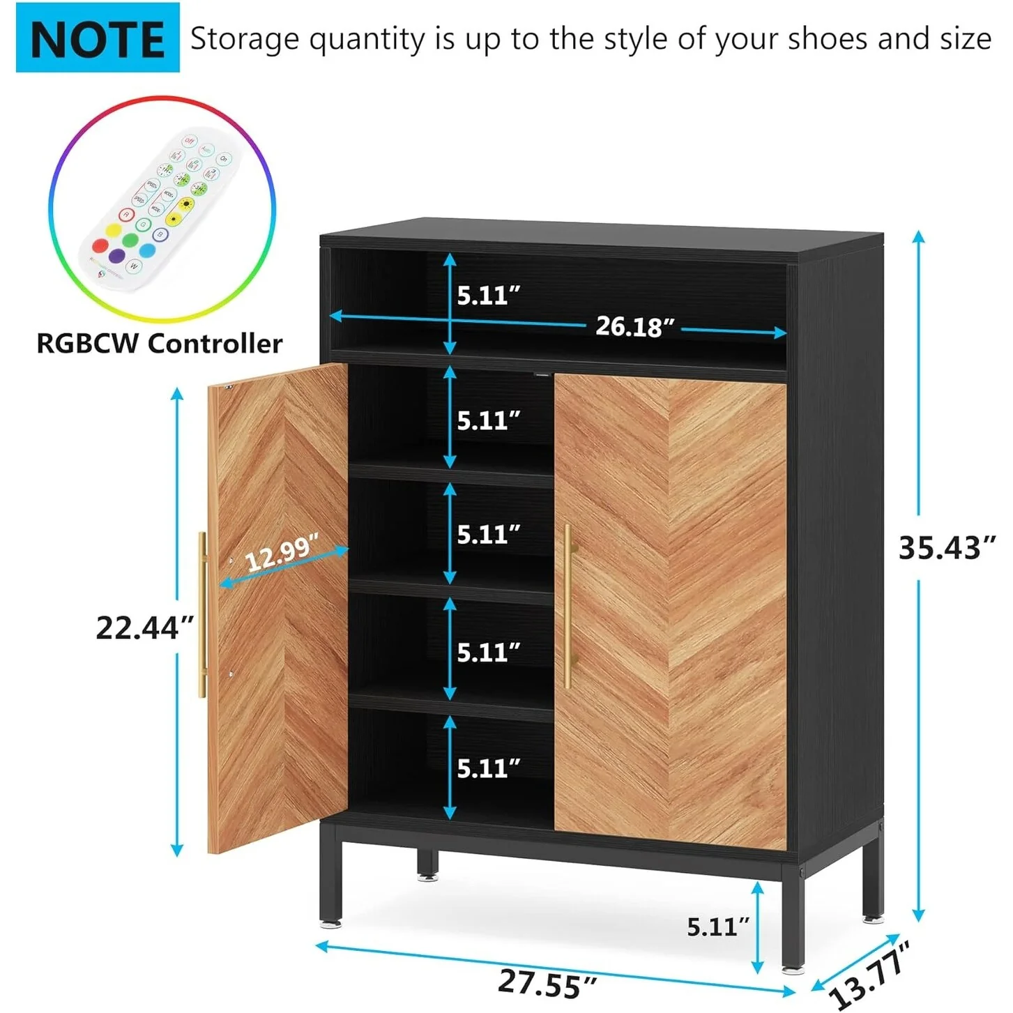 16 Pairs Shoe Cabinet with Doors, 5-tier Entryway Cabinet with Led Light, Free Standing Shoe Racks