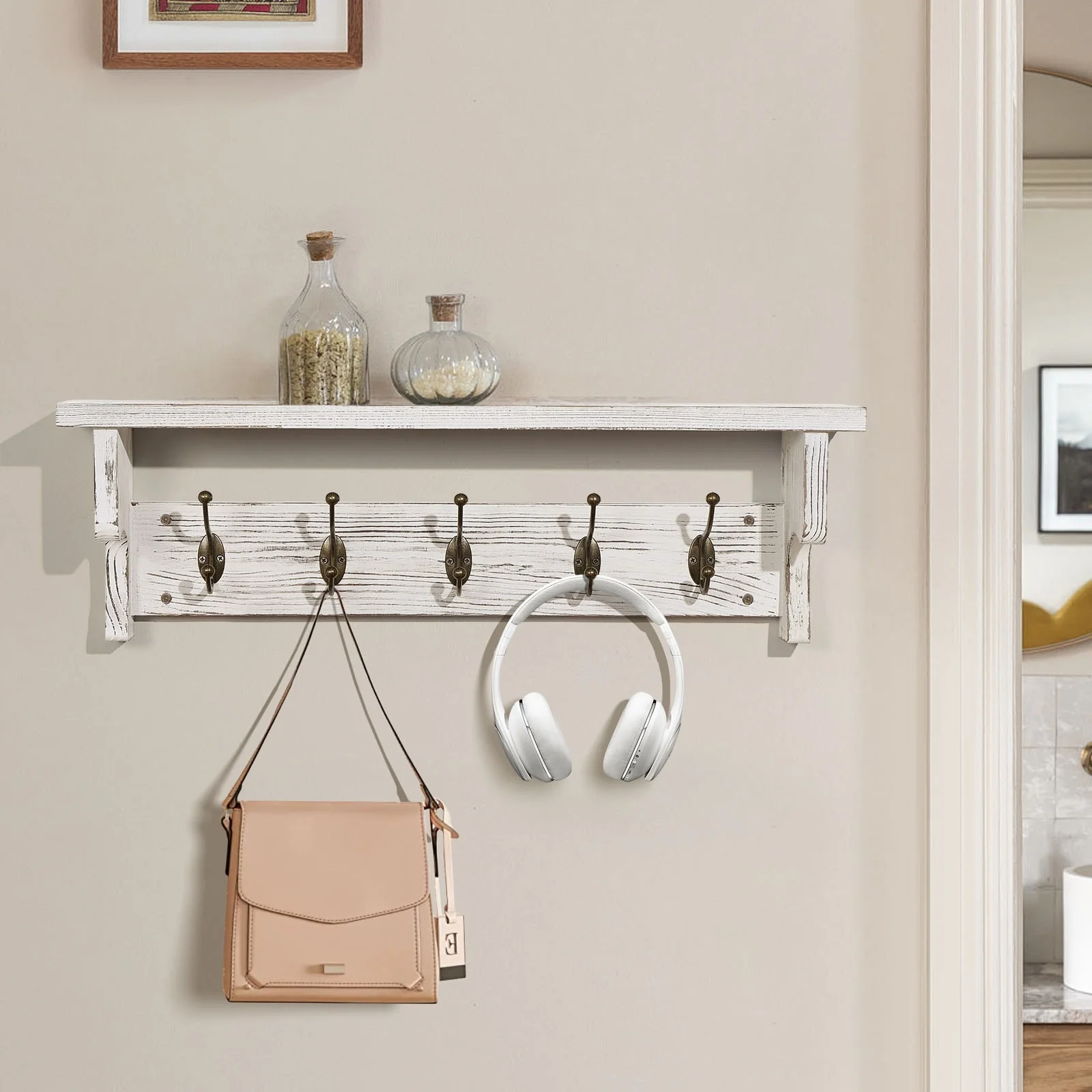 Rustic Wall Mounted Coat Rack with Storage Shelf & Metal Hooks