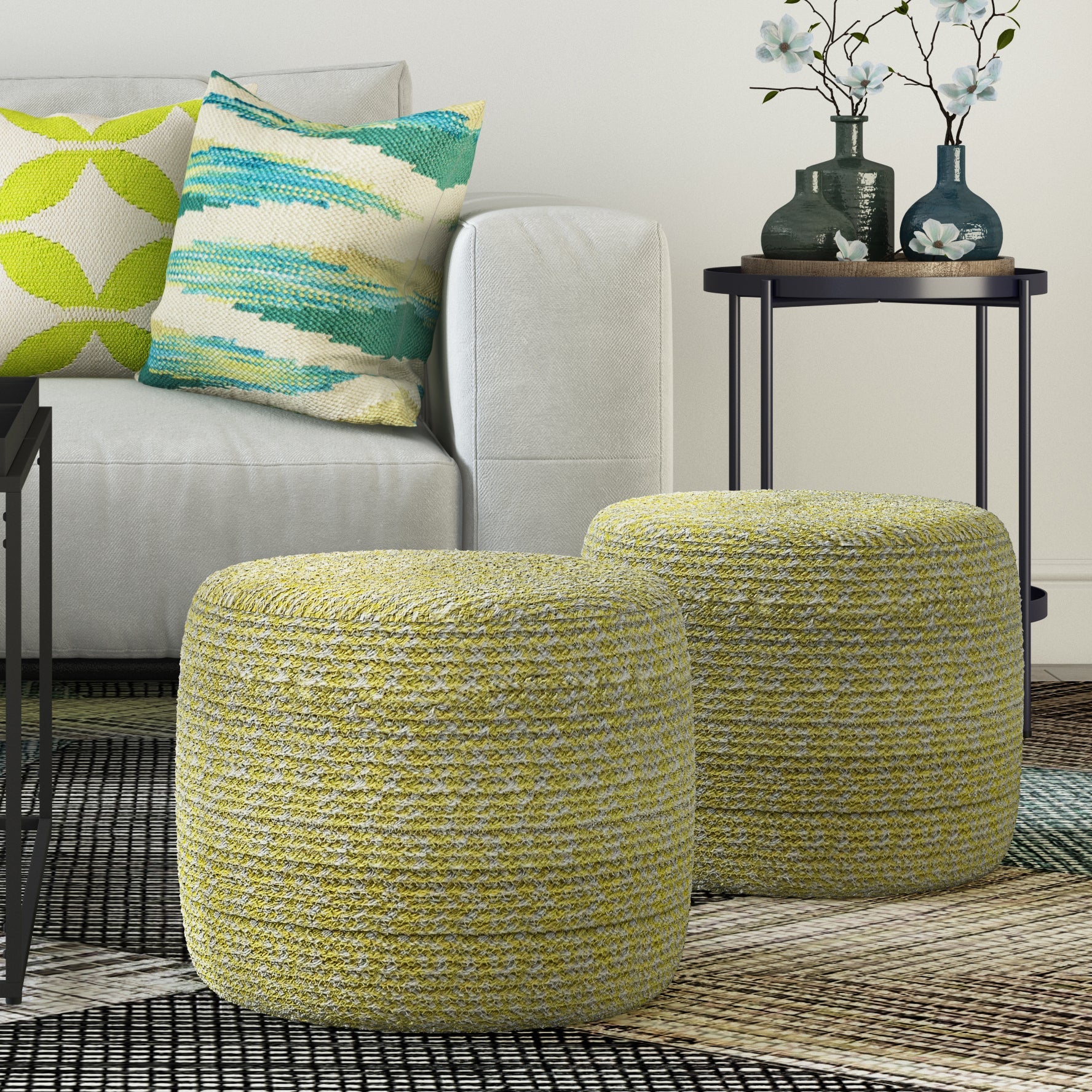 Zenithal Multi-functional Round Braided Pouf with Natural Pattern