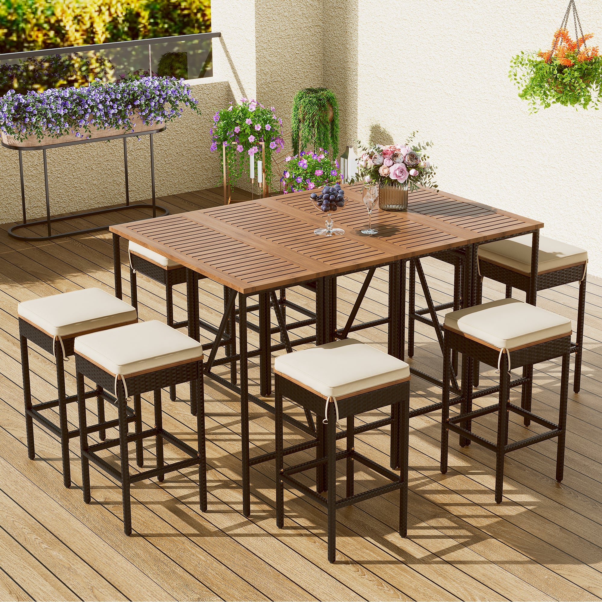 10-Piece Outdoor Acacia Wood Set with Bar Height Table And 8 Stool