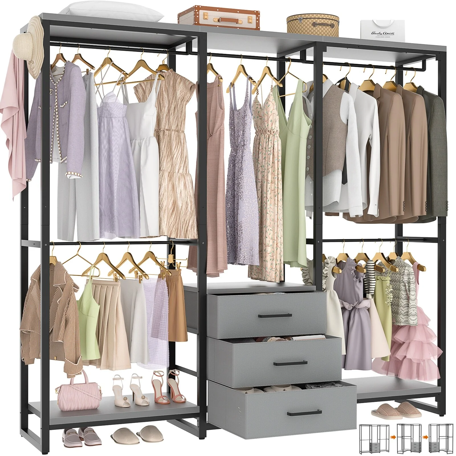 65.6'' Heavy-duty Garment Rack, Freestanding Closet Organizer with Fabric Drawers and 5 hanging Rods