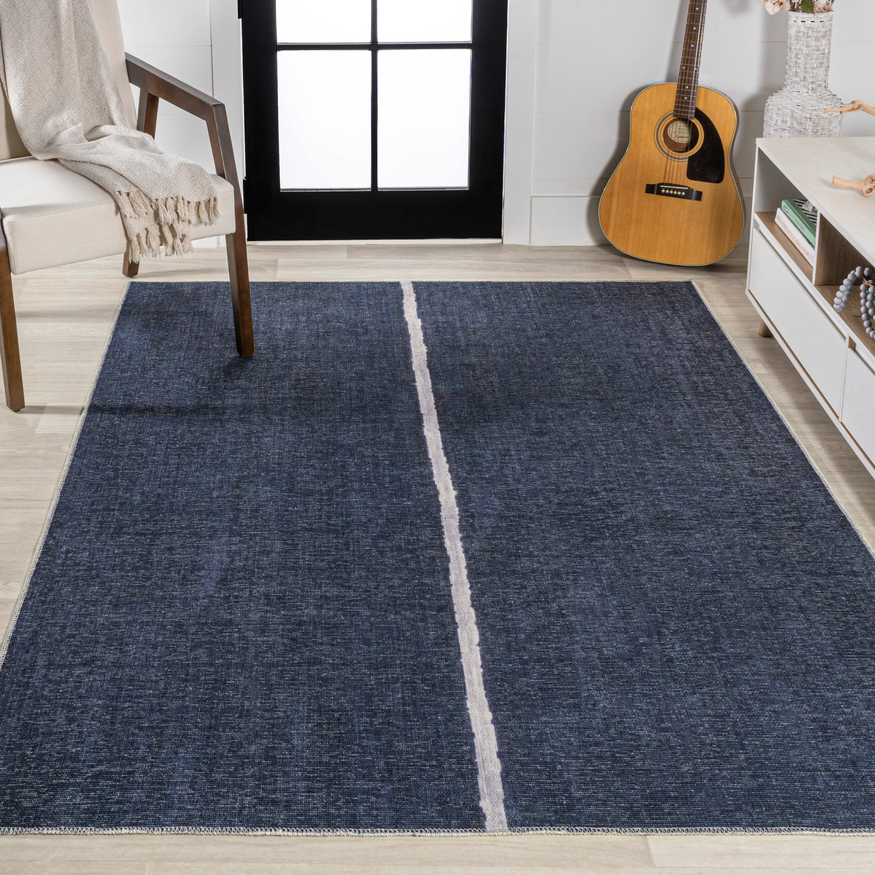 Linja Solid Centre Stripe Machine-Washable Area Rug