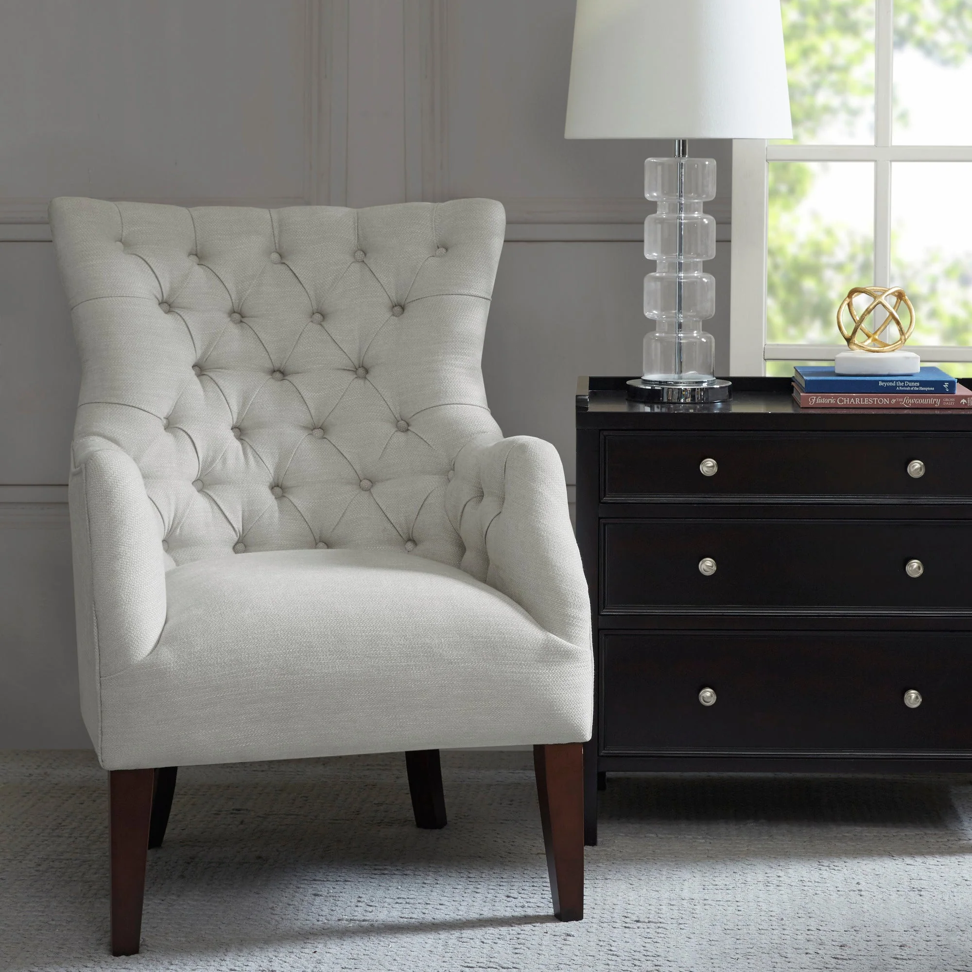 Button Tufted Upholstered Wing Chair with Solid Wood Frame