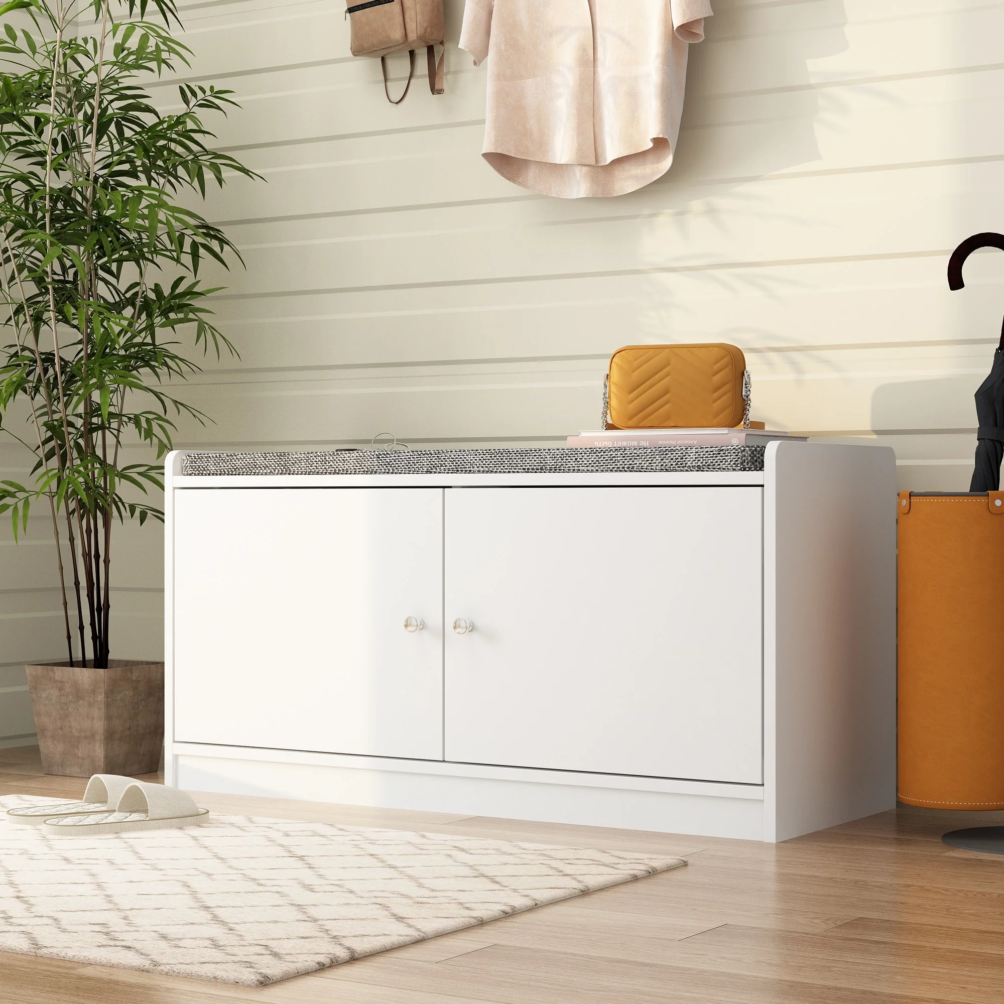 Hallway Shoes Storage Cabinet Bench with 2-Door & Padded Seat Cushion
