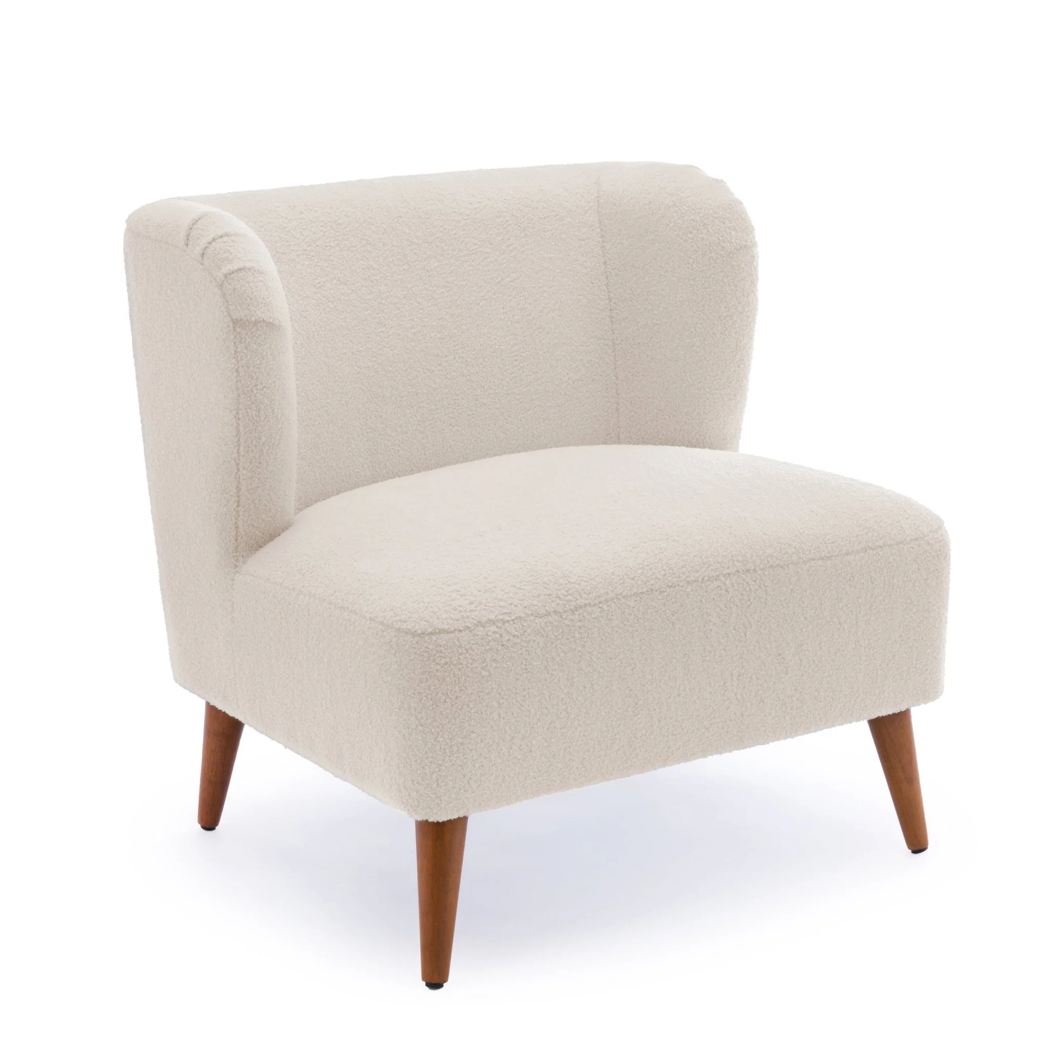 Boucle Accent Chair with Wing Back and Wood Legs