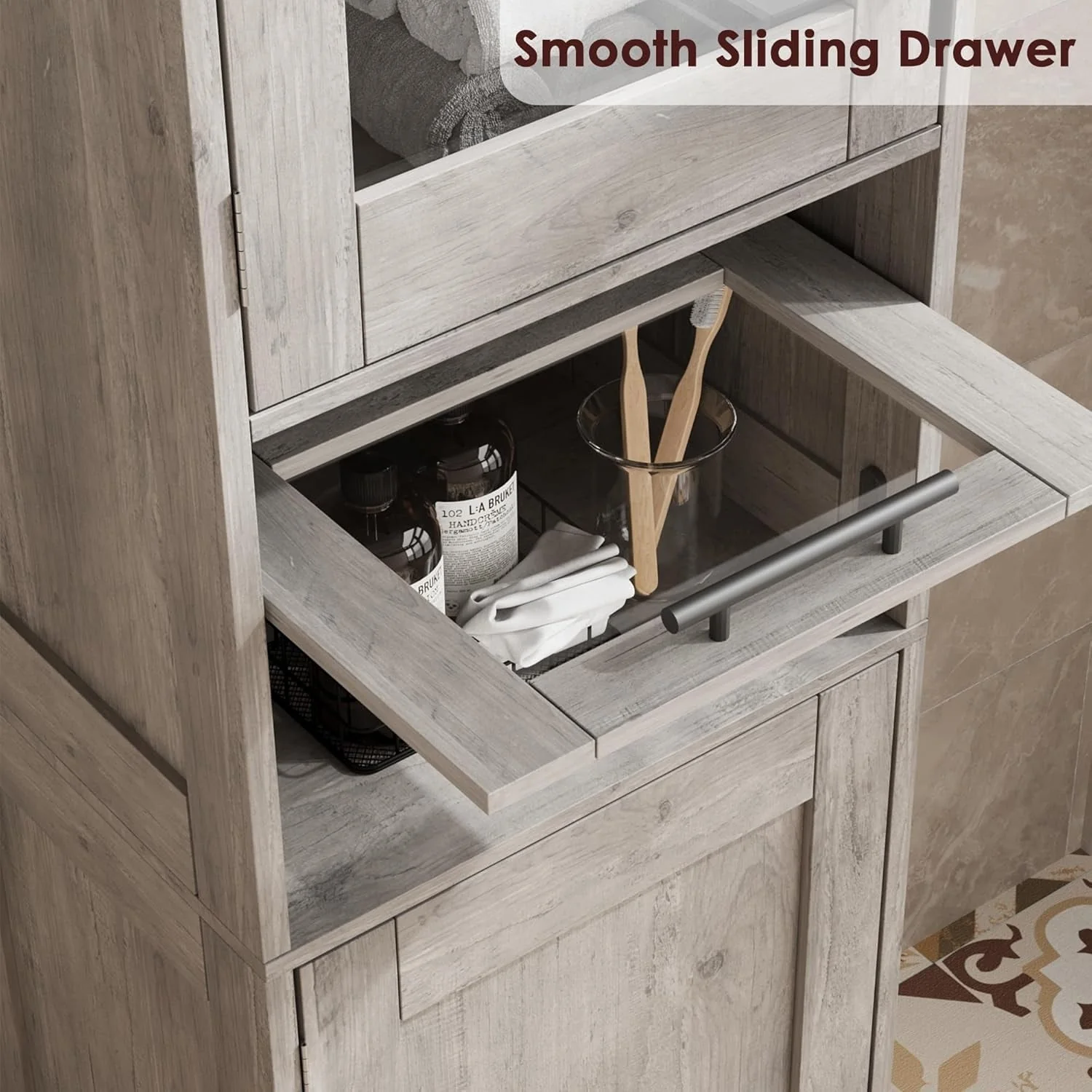 Tall Bathroom Cabinet, Linen Storage Cabinet with Doors and Adjustable Shelves and Drawer