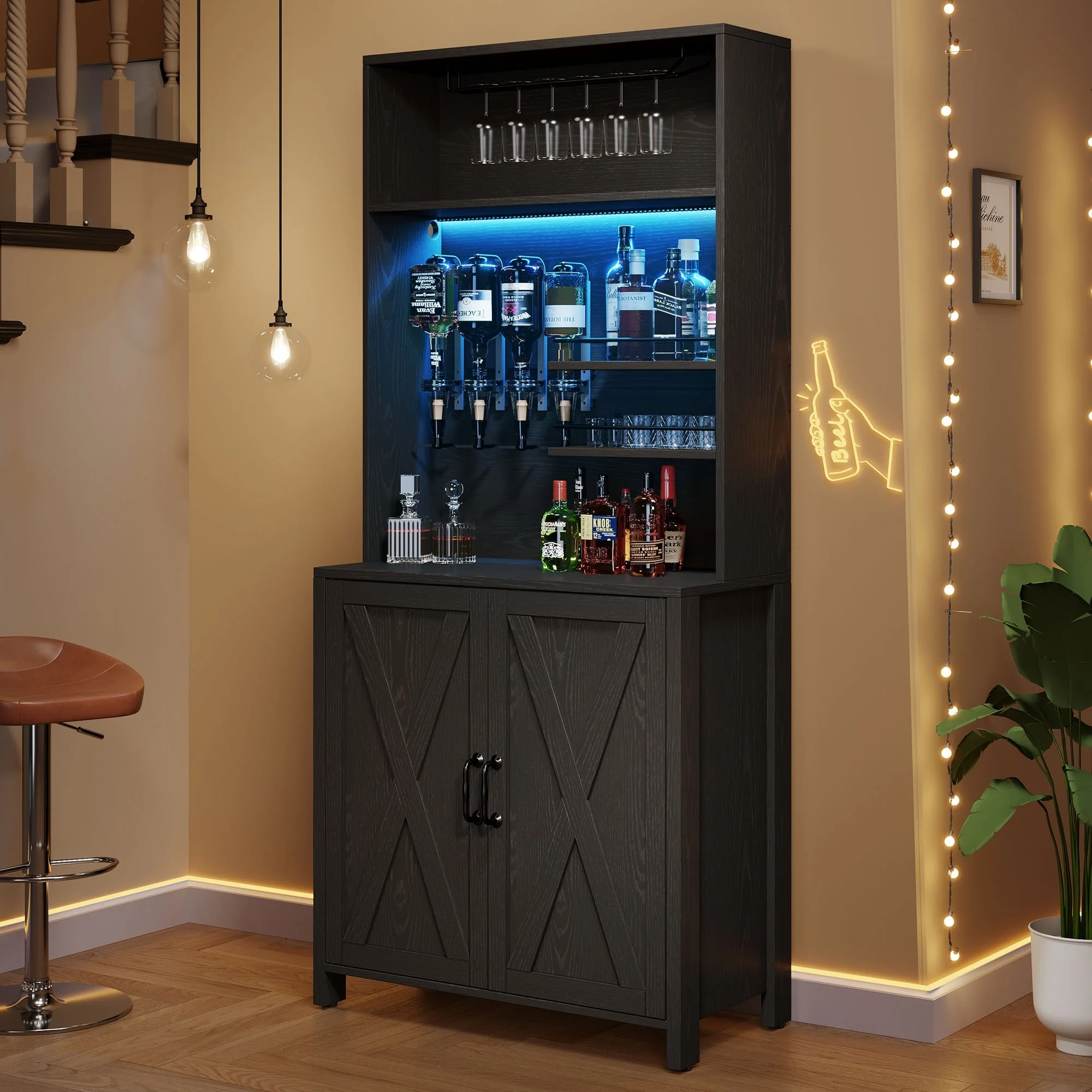 Moasis Farmhouse Bar Cabinet Wine Rack with RGB Light and Power Outlet