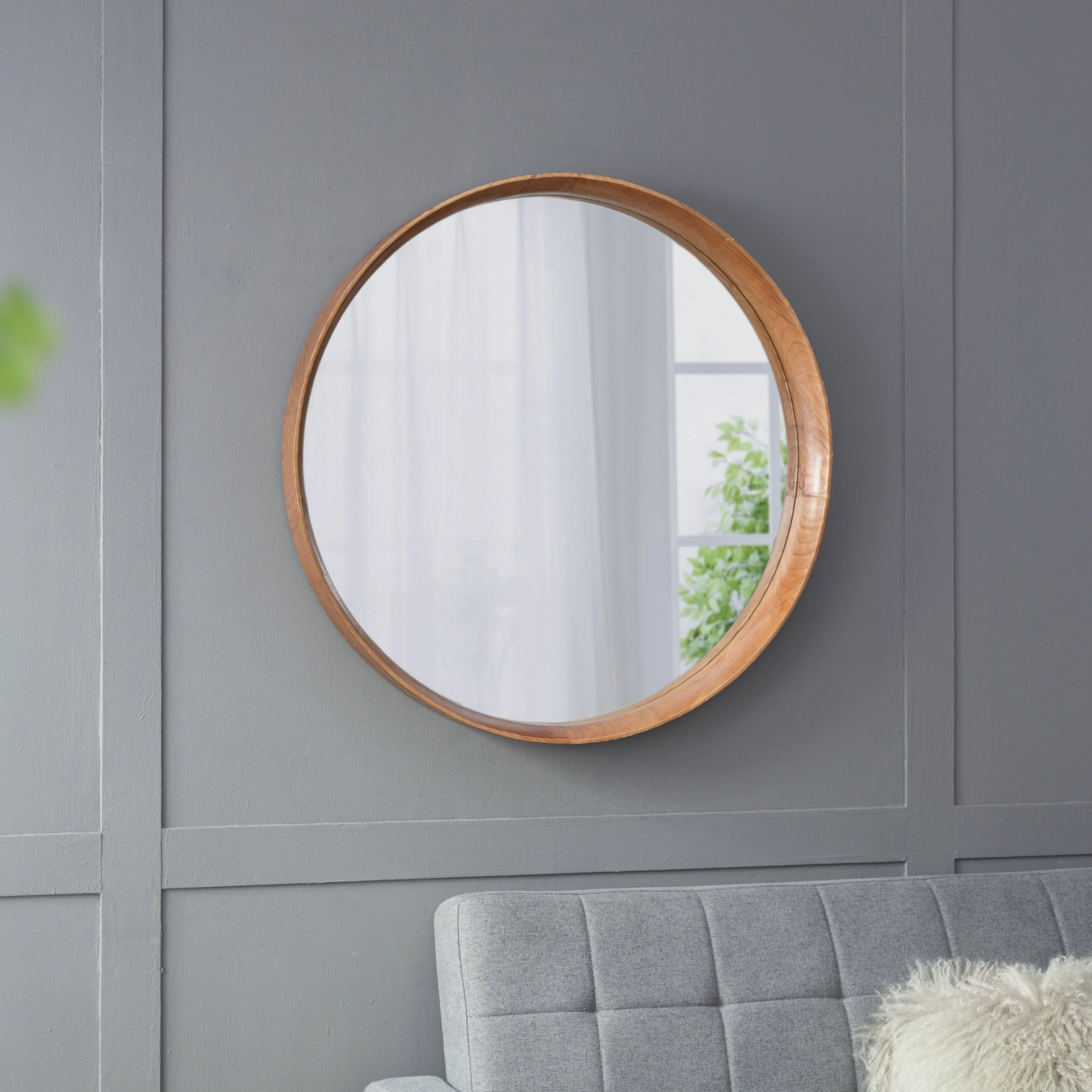 Wall Mounted Mirror with Round Shape and Wooden Frame