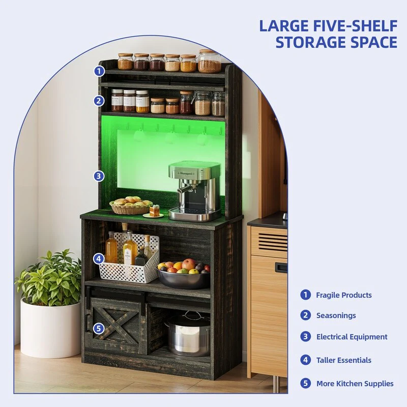 Moasis 5-Tier Bakers Rack with Hooks & LED Lights, Microwave Stand with Power Outlets