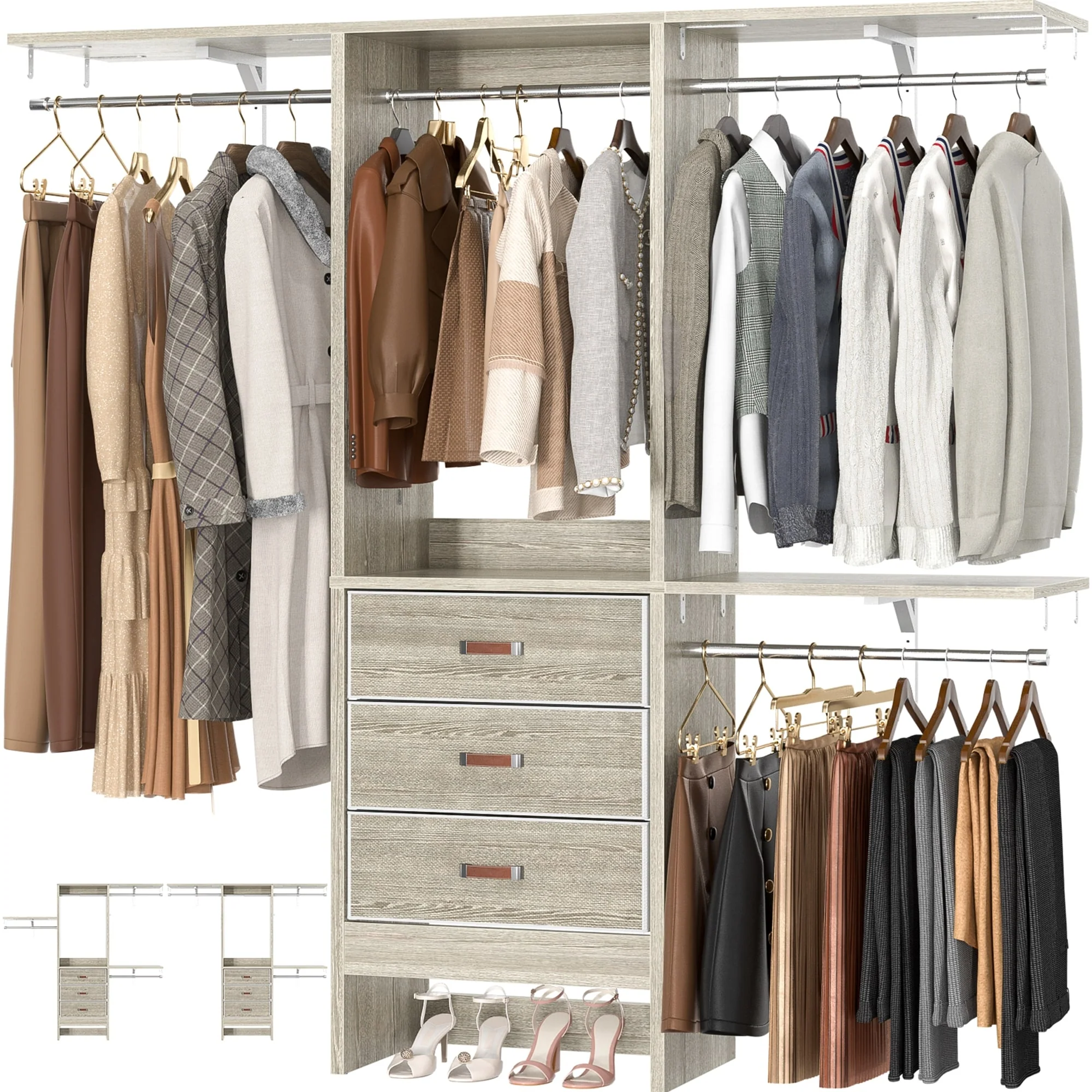 4FT Kid‘s Closet System with Fabric Drawers, DIY Closet Organizer with Adjustable Hanging Rods
