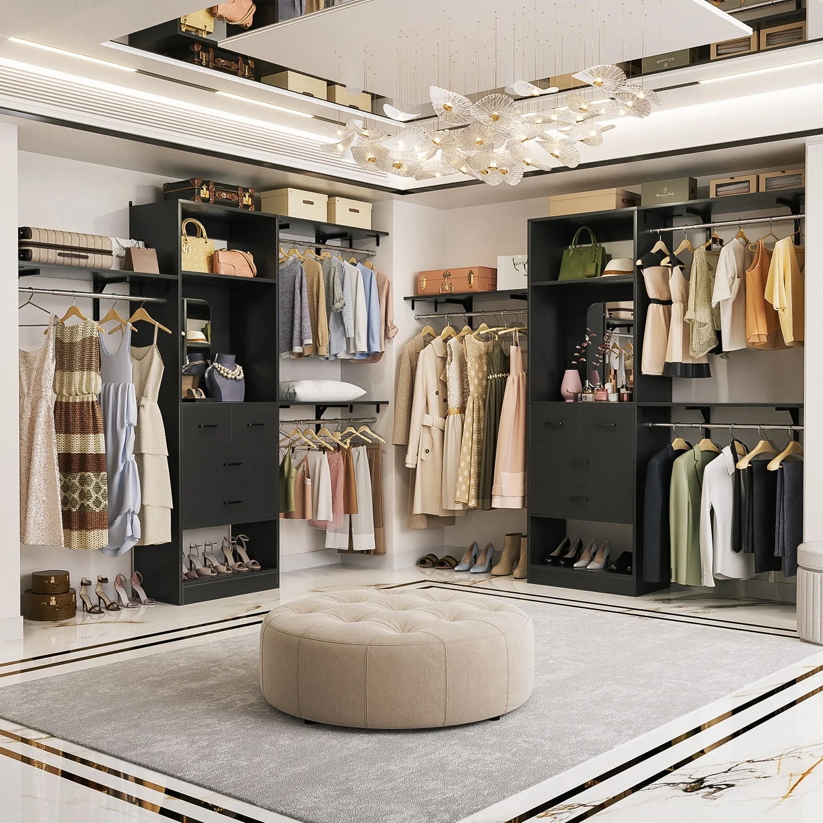 96'' W Closet System with Mirror, 8FT Walk-in Closet Organizer Kits with 4 Wooden Drawers ＆ 3 Extendable Hanging Rods