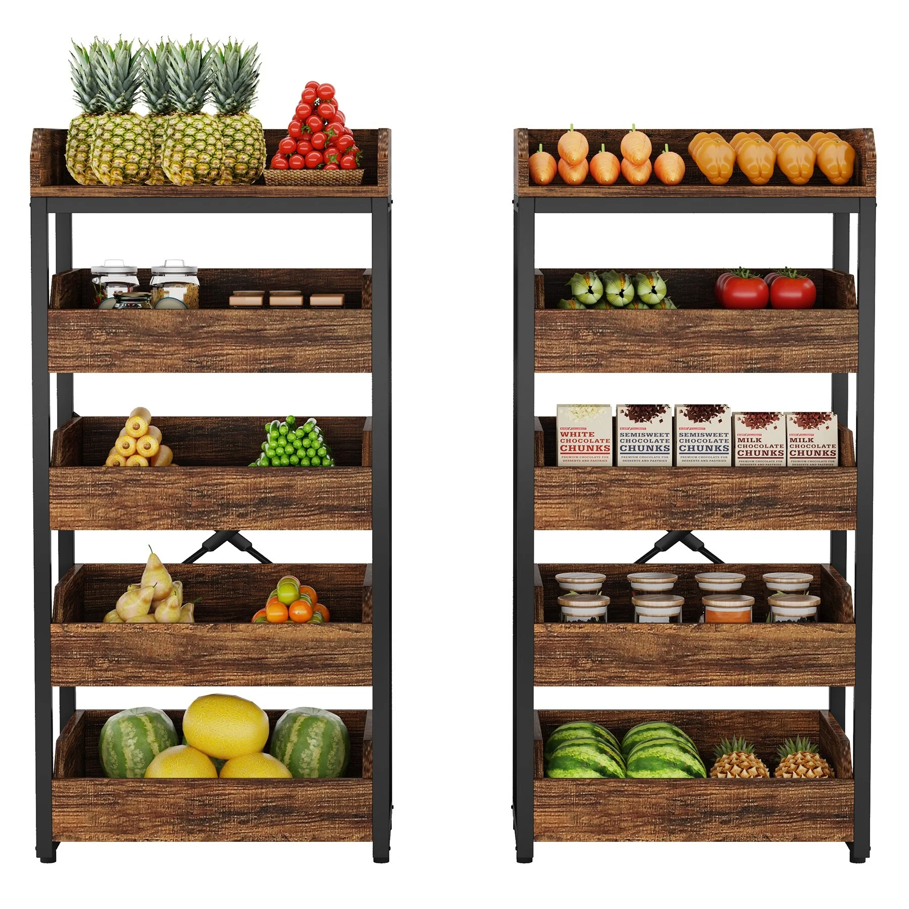 23.6'' W Fruit and Vegetable Wood Storage Rack, 5-Tier Pull-Out Snack Stand Fruit Basket Stand