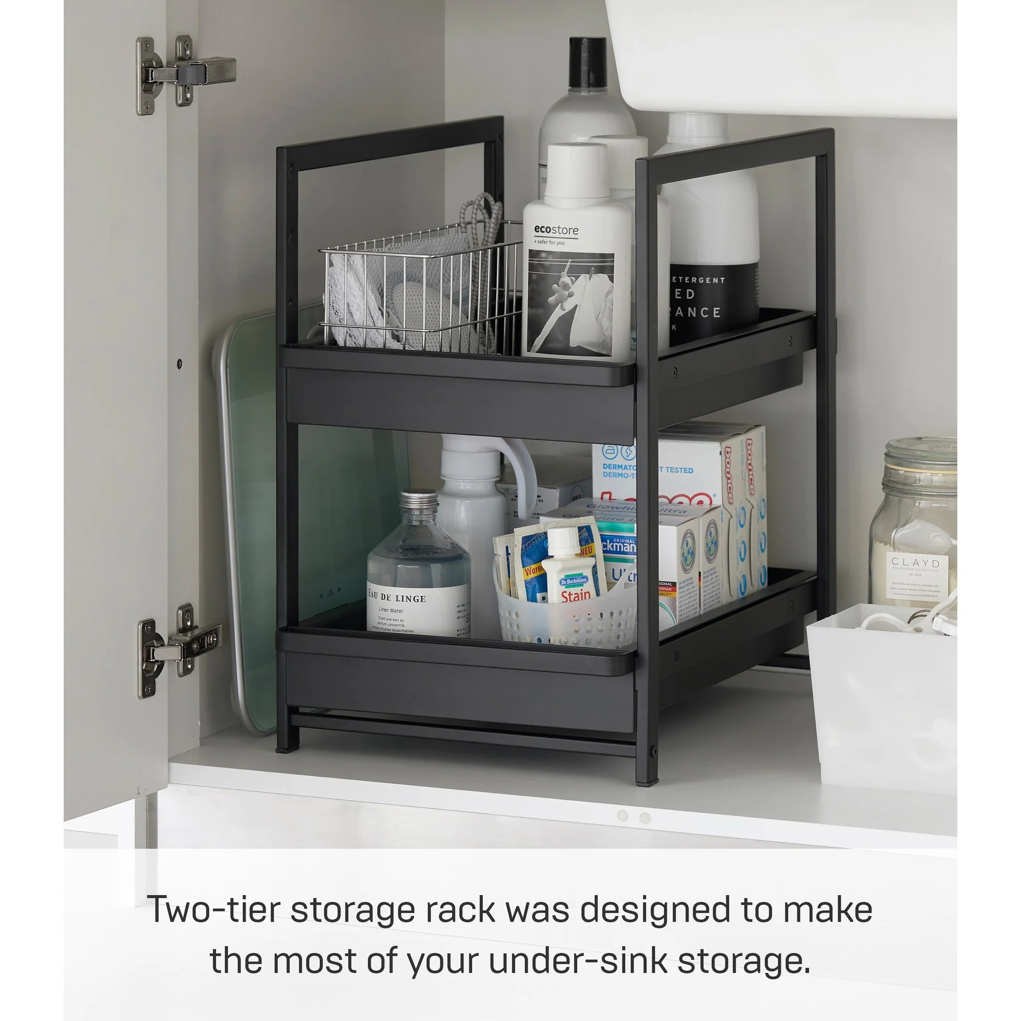 Yamazaki Home Under-Sink Rack with Pull-Out Shelf, Steel, Adjustable - L 26.97 x W 11.97 x H 17.83 inches