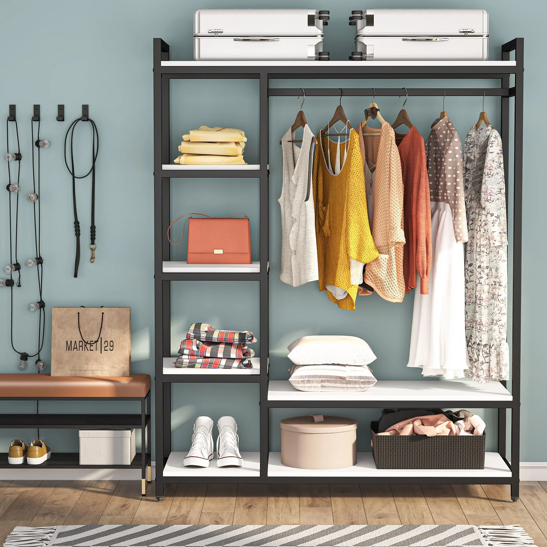79 inche tall Freestanding Clothes Closet, Garment Rack with Shelves and Hanging rod clothing closet