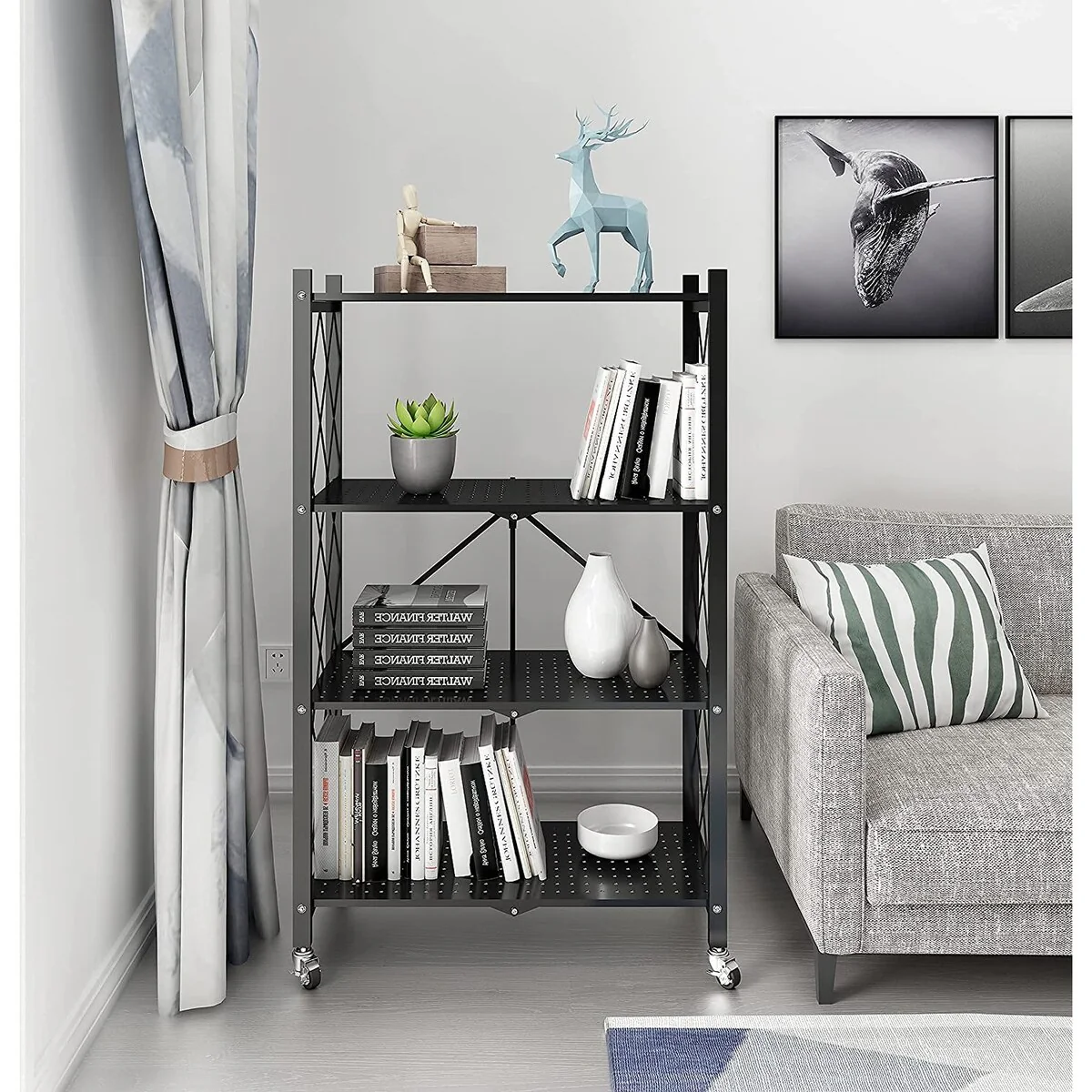 4-Tier Foldable Storage Shelving Unit, Heavy Duty Metal Shelf, Kitchen Shelf with 3 Hooks