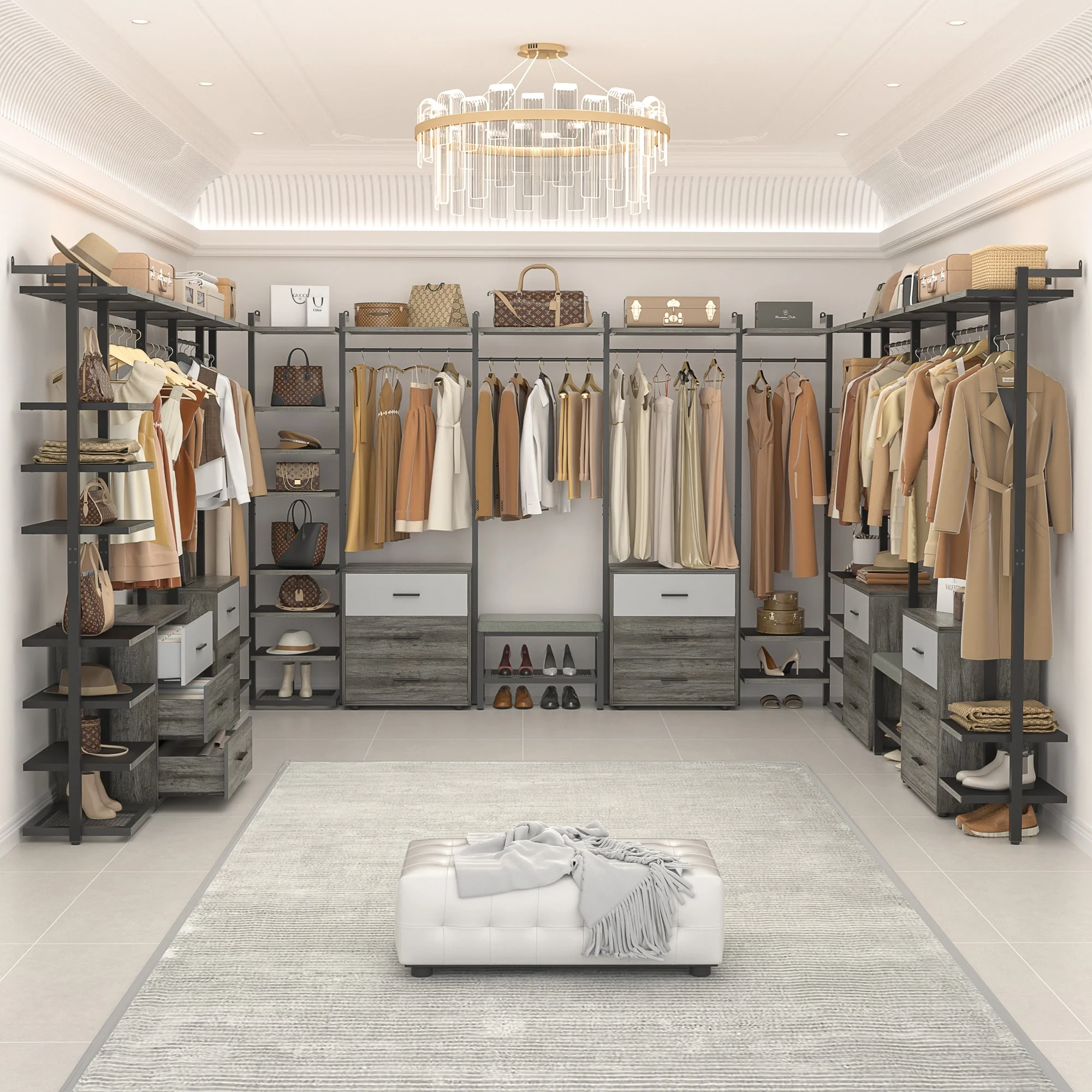 Walk in Closet System with 6 Closet Drawers, 96'' Multifunctional Clothes Rack Closet Organizer
