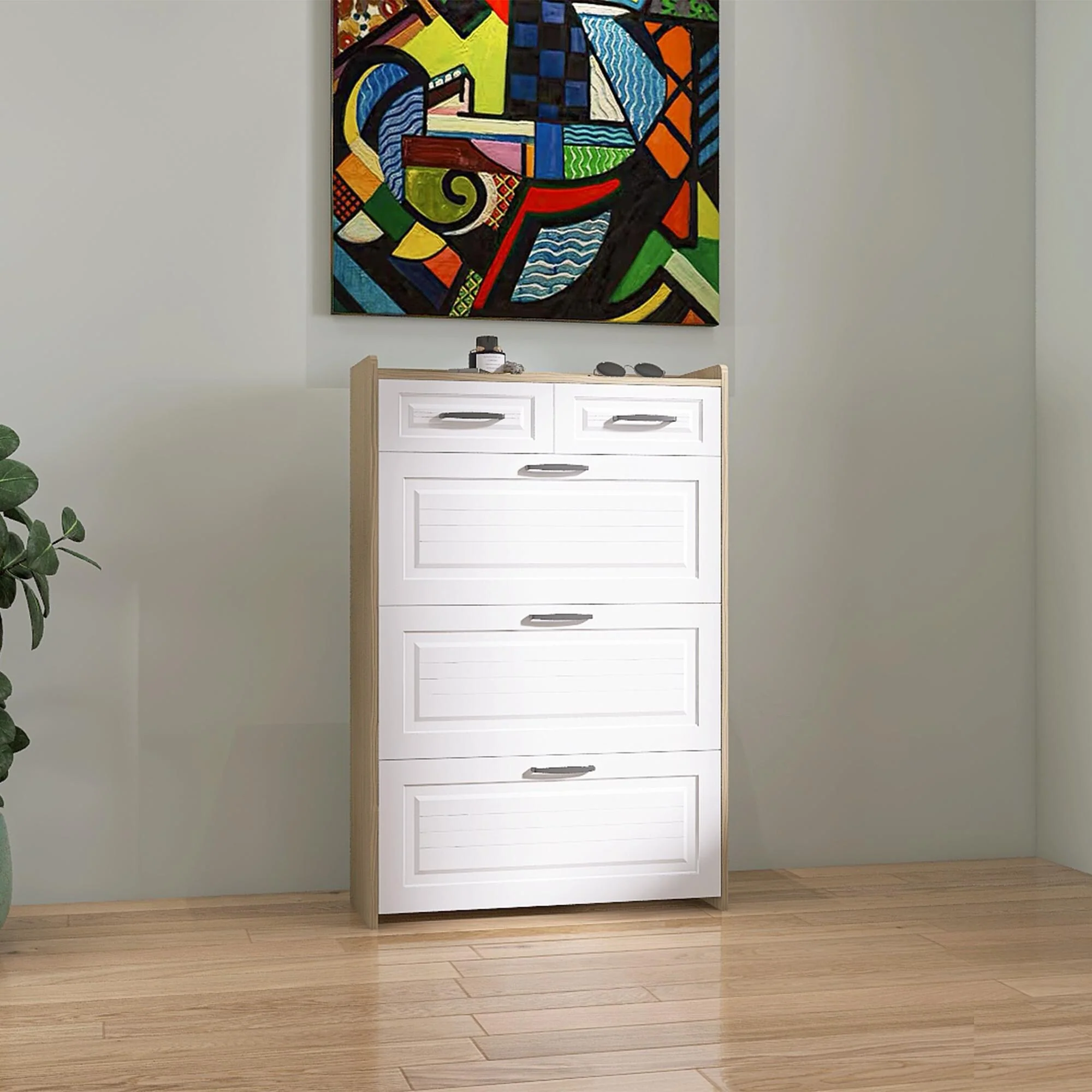 Versatile White Oak Shoe Cabinet with PVC Shaped Door and Spacious Storage