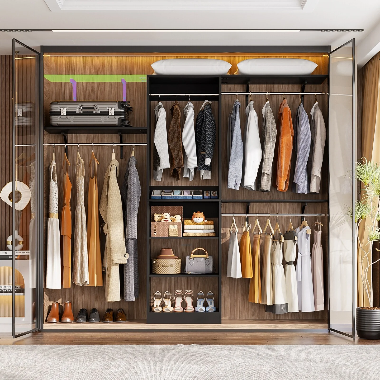 Rackcog 20-96'' W Closet System Starter Kit, Sturdy DIY Closet Organizer with 3 Winged Storage Shelves