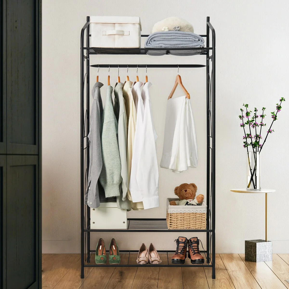 Multifunctional Clothes Rack Stand Metal Shelf Shoes with Shelves Hanging