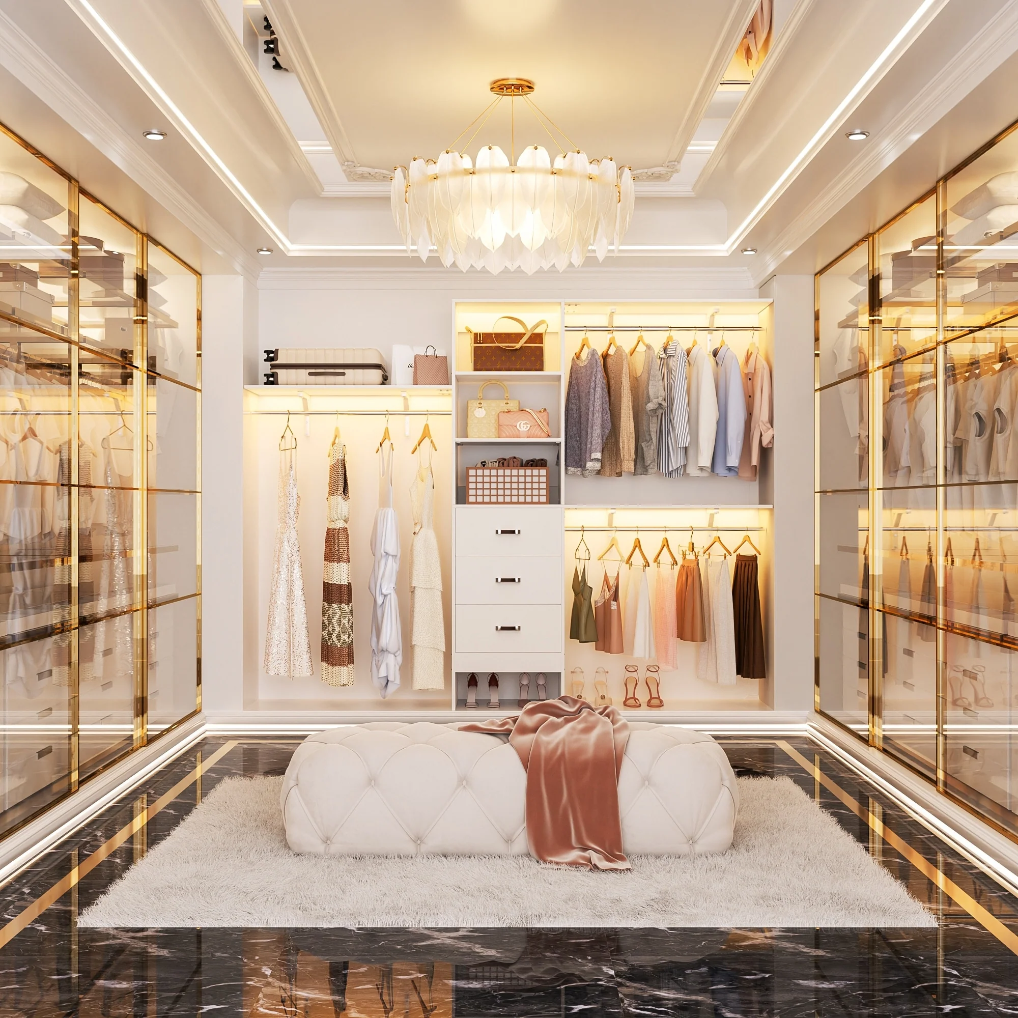 20.2'' - 96'' W Closet Organizer with Drawers, Closet System with Hanging Rods and Adjustable Shelves