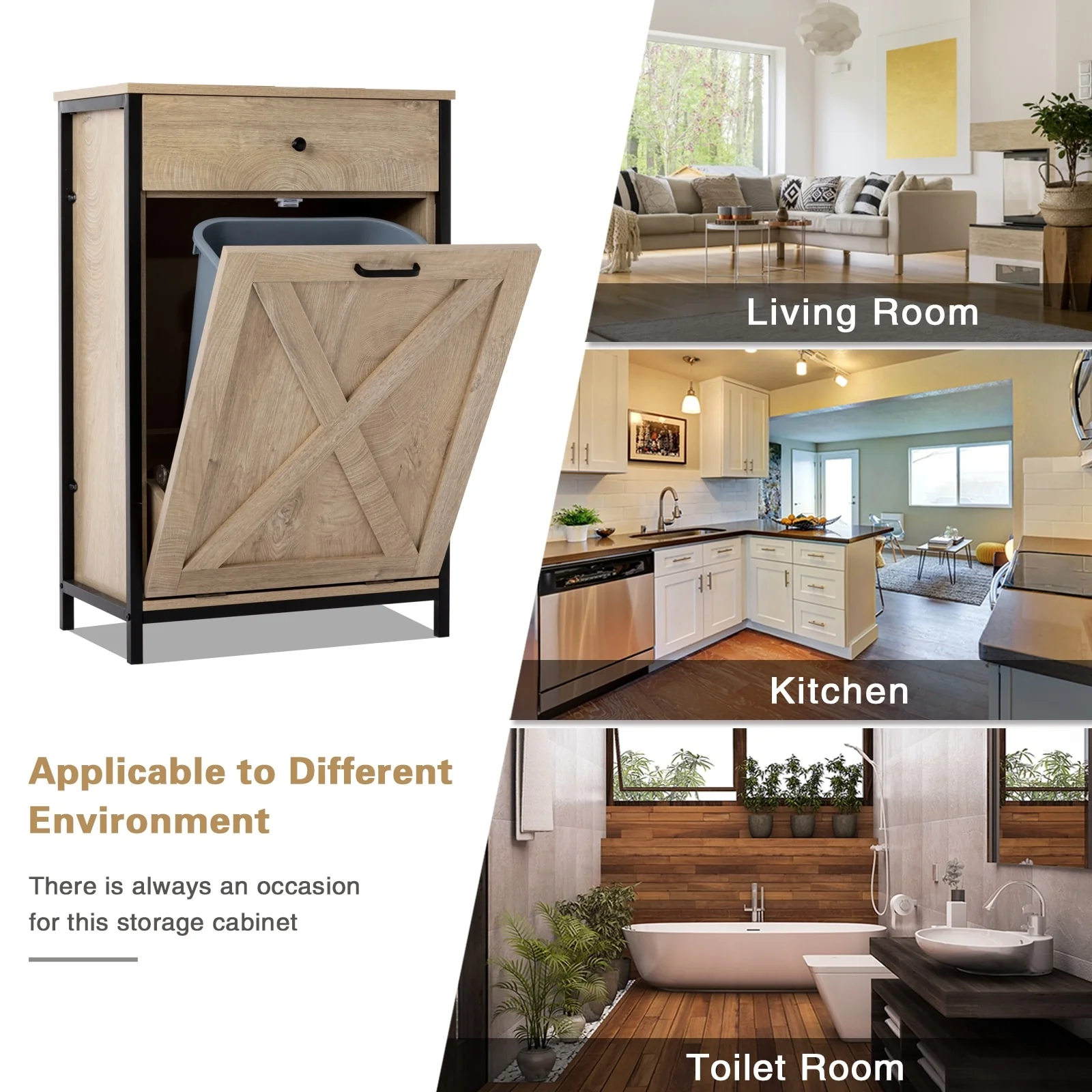 10 Gallon Tilt Out Kitchen Trash Cabinet Trash Can Wooden Tilts Out Hands Laundry Recycling Holder Brown