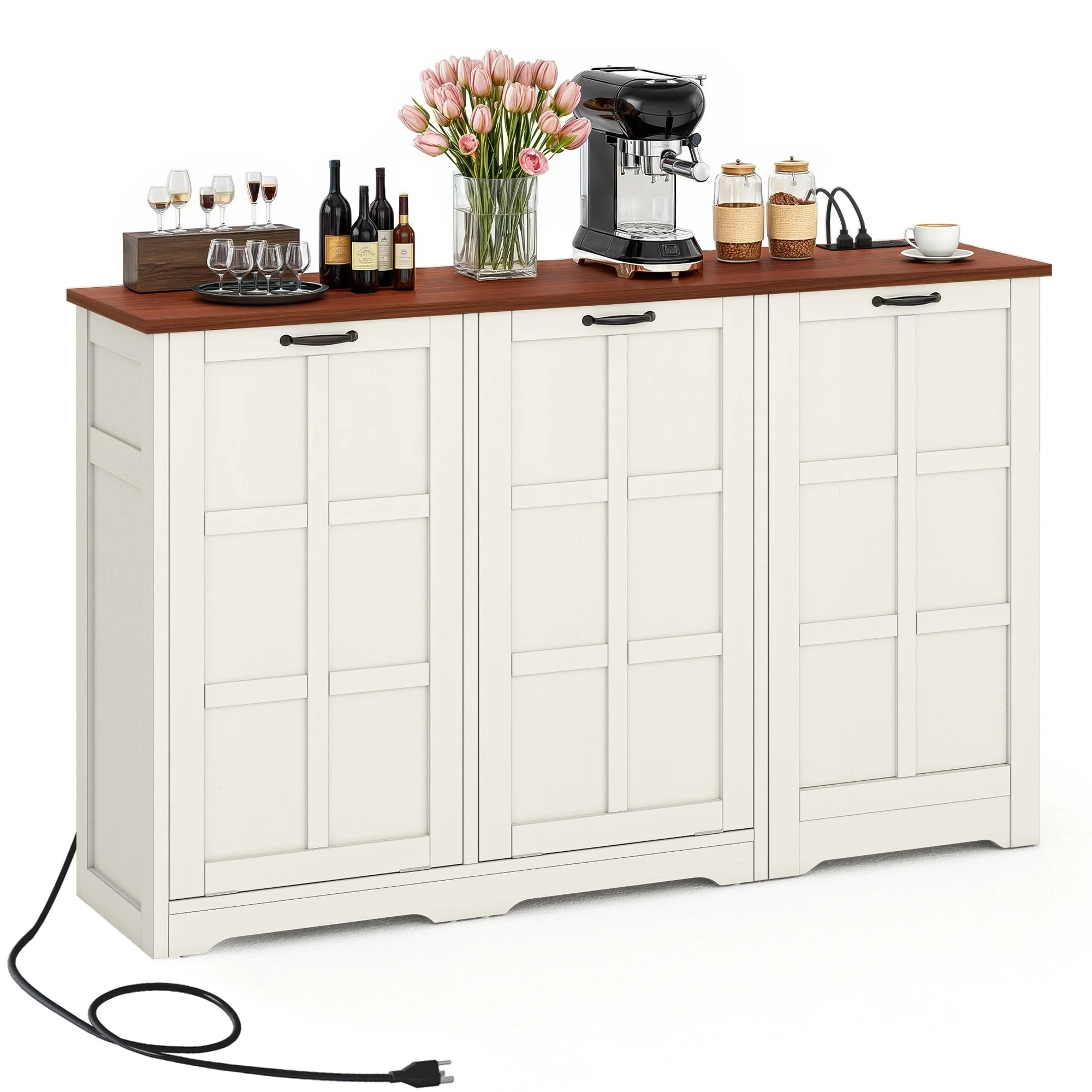 Moasis Kitchen Island with Double Tilt Out Trash Cabinet(13 Gallon) with Adjustable Shelves and Charging Station