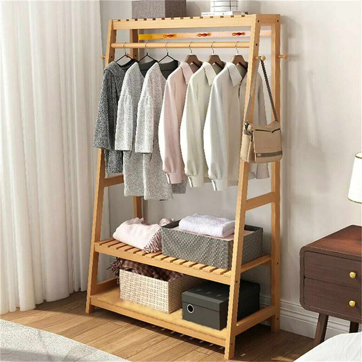 Bamboo Garment Coat Clothes Hanging Heavy Duty Rack with Top Shelf - 31 in. x 65 in.x 17 in.