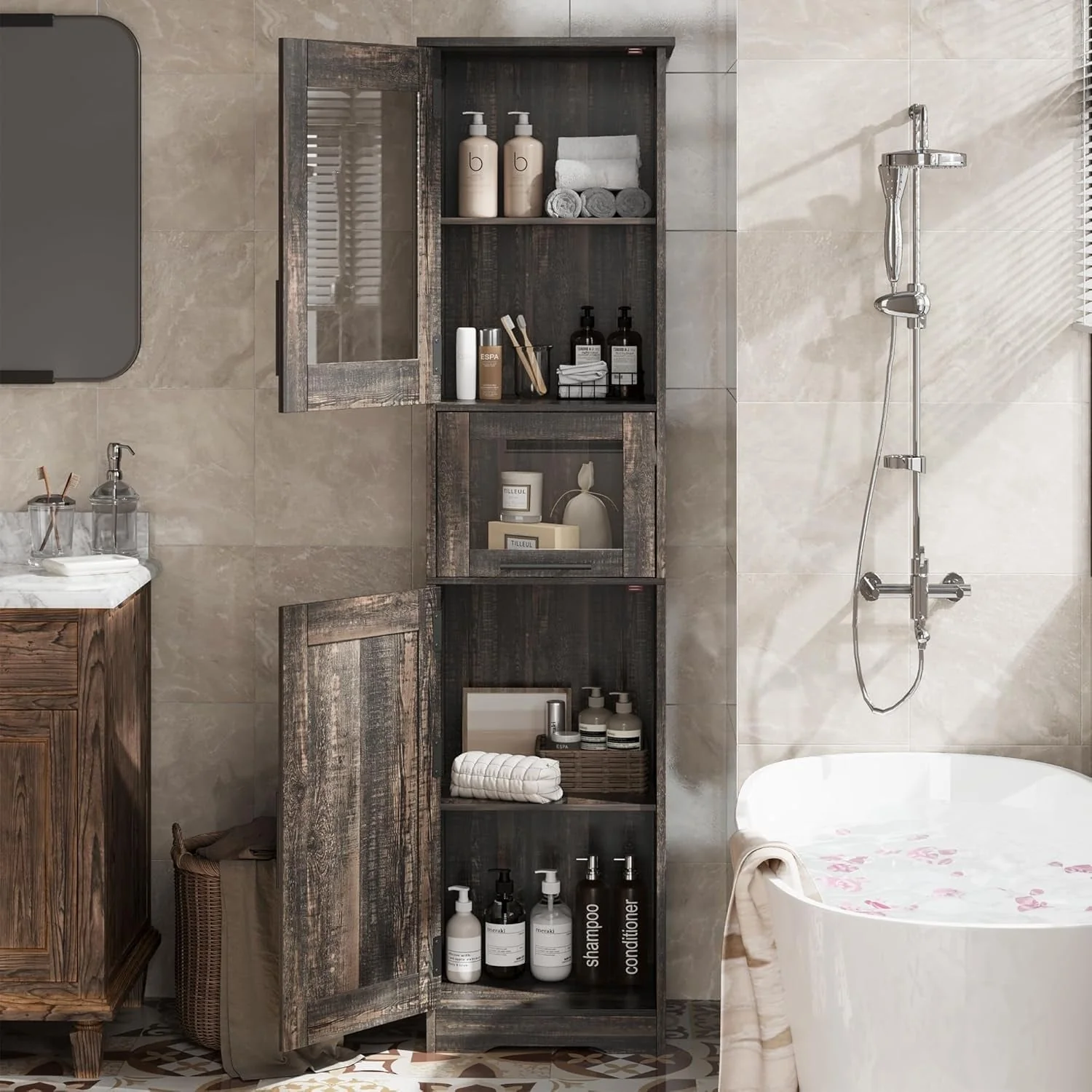 Tall Bathroom Cabinet, Linen Storage Cabinet with Doors and Adjustable Shelves and Drawer