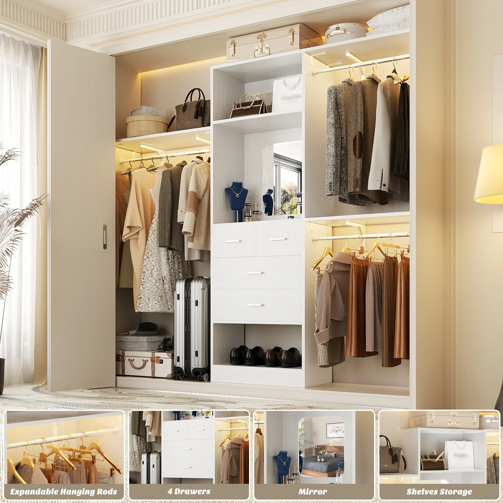 96'' W Closet System with Mirror, 8FT Walk-in Closet Organizer Kits with 4 Wooden Drawers ＆ 3 Extendable Hanging Rods