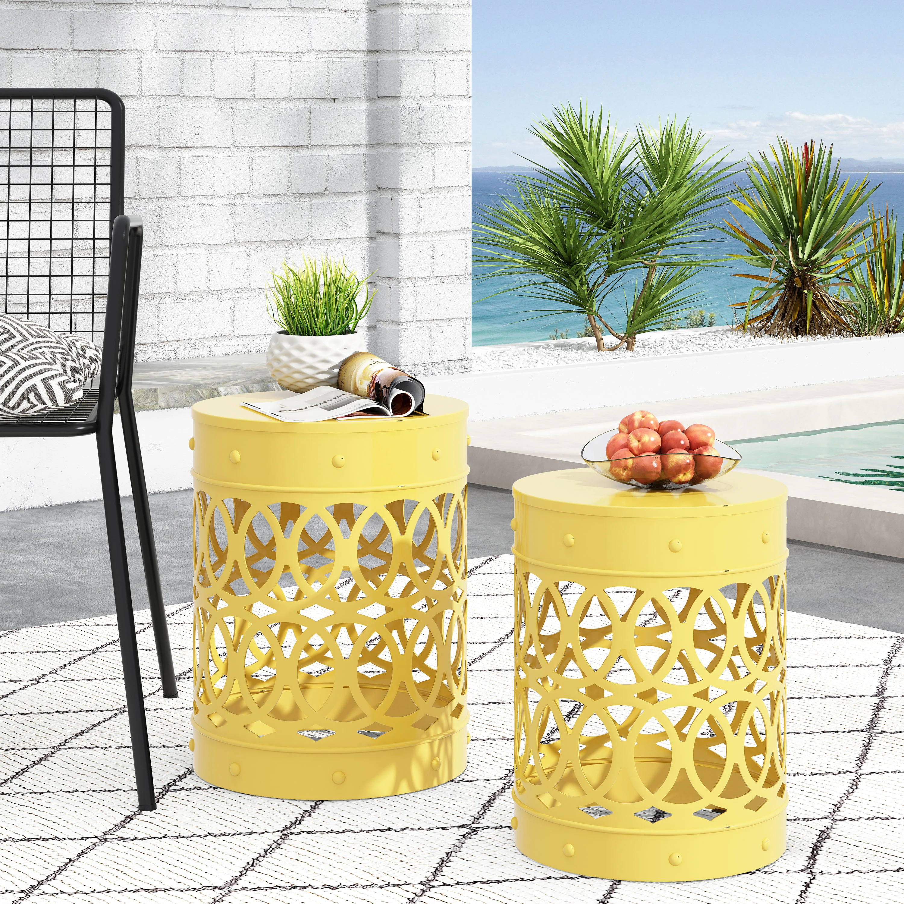 Symmetry Yellow Outdoor Cylindrical End Table with Overlapping Circle Pattern