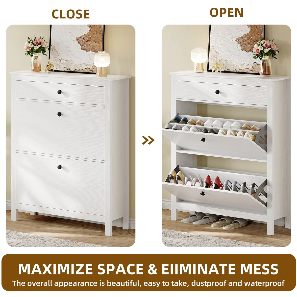 Moasis Shoe Cabinet with 2 Flip Drawer Slim White Shoe Rack Storage Cabinet