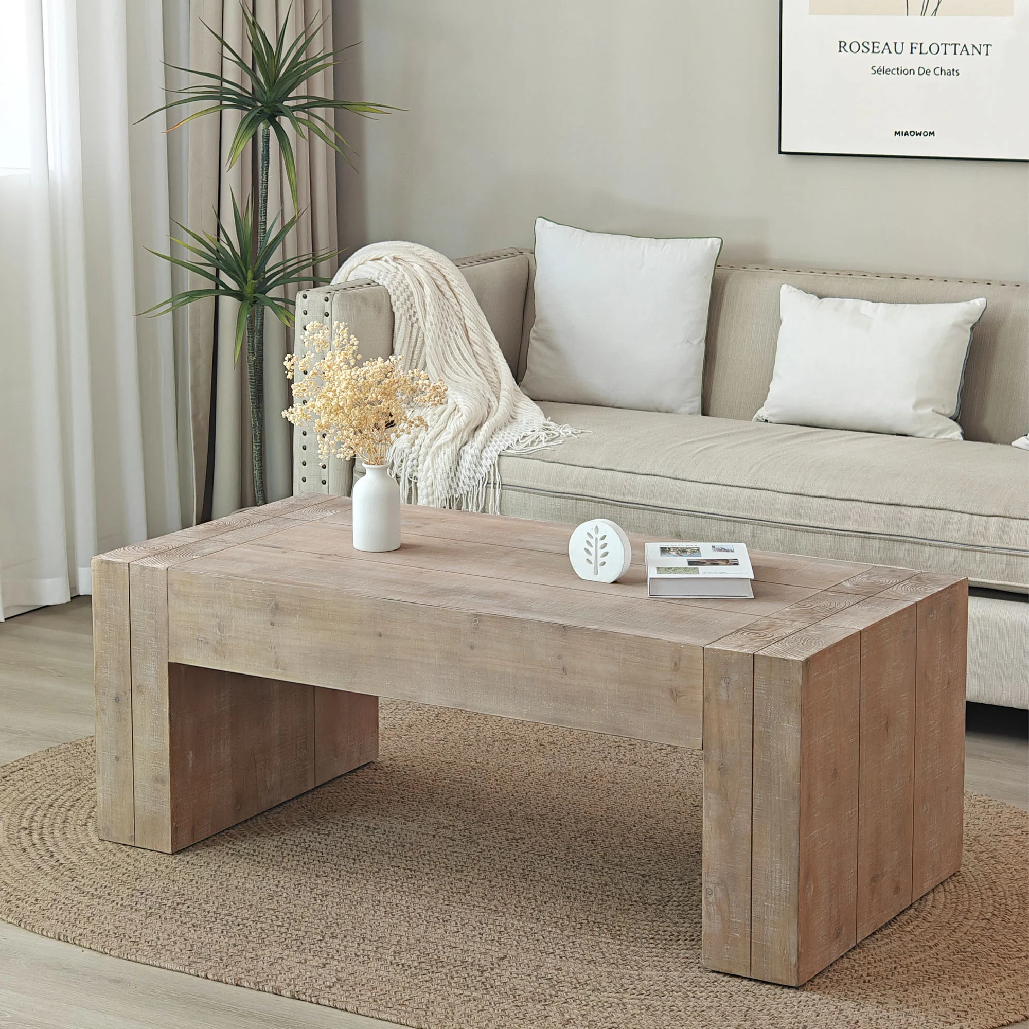 Carrying Rectangular Coffee Table with Wood Frame