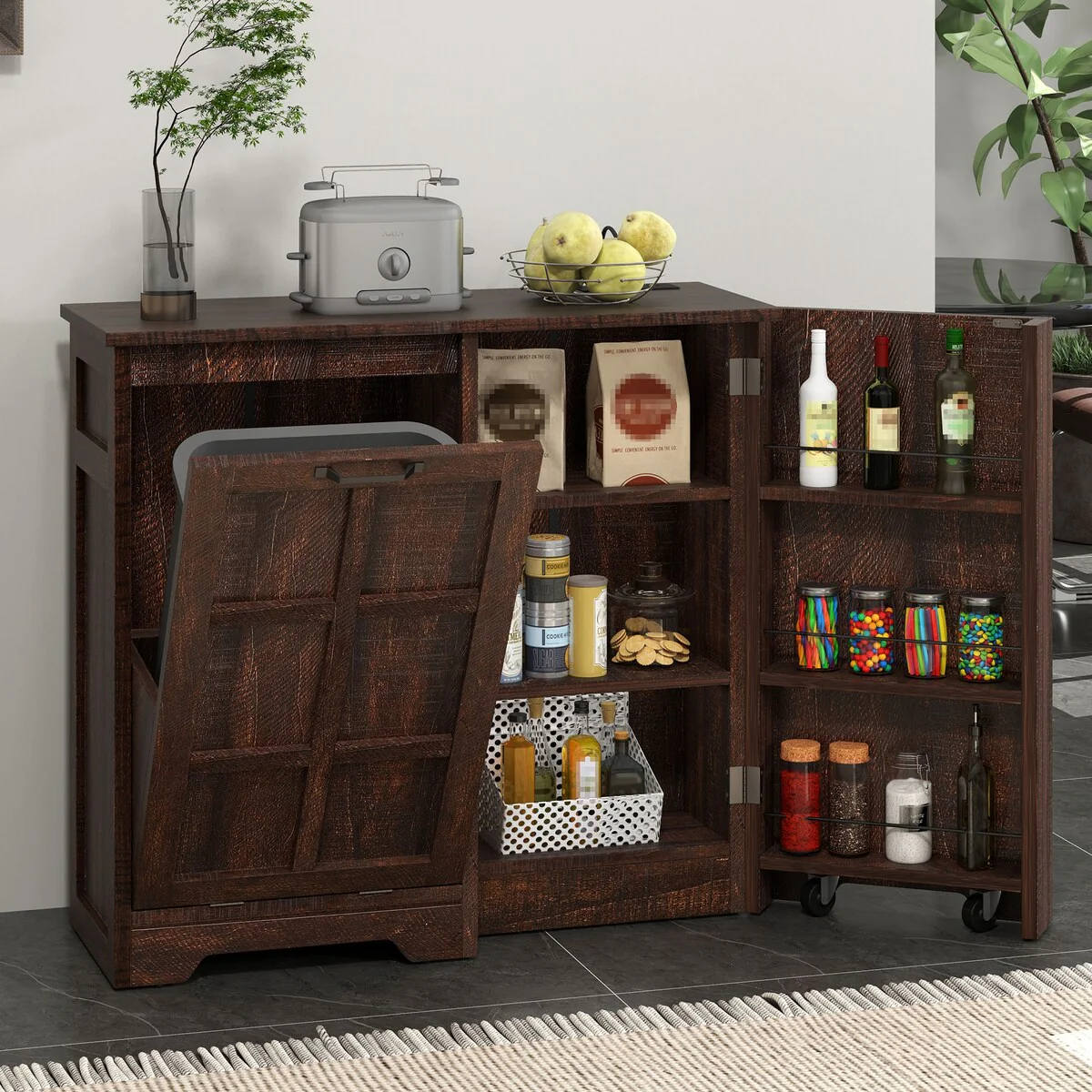 Moasis Kitchen Tilt Out Trash Cabinet Fits 13 Gallon Cabinet Trash Can with Outlet and Adjustable Shelves