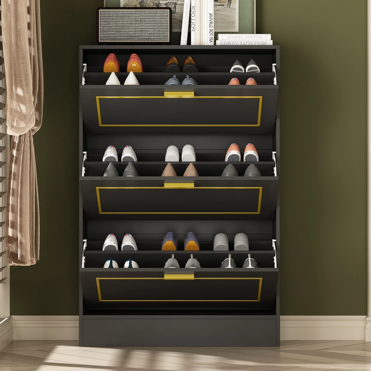 Fold-Out Shoes Cabinet Storage Cabinet Dresser Chest(Black/White)