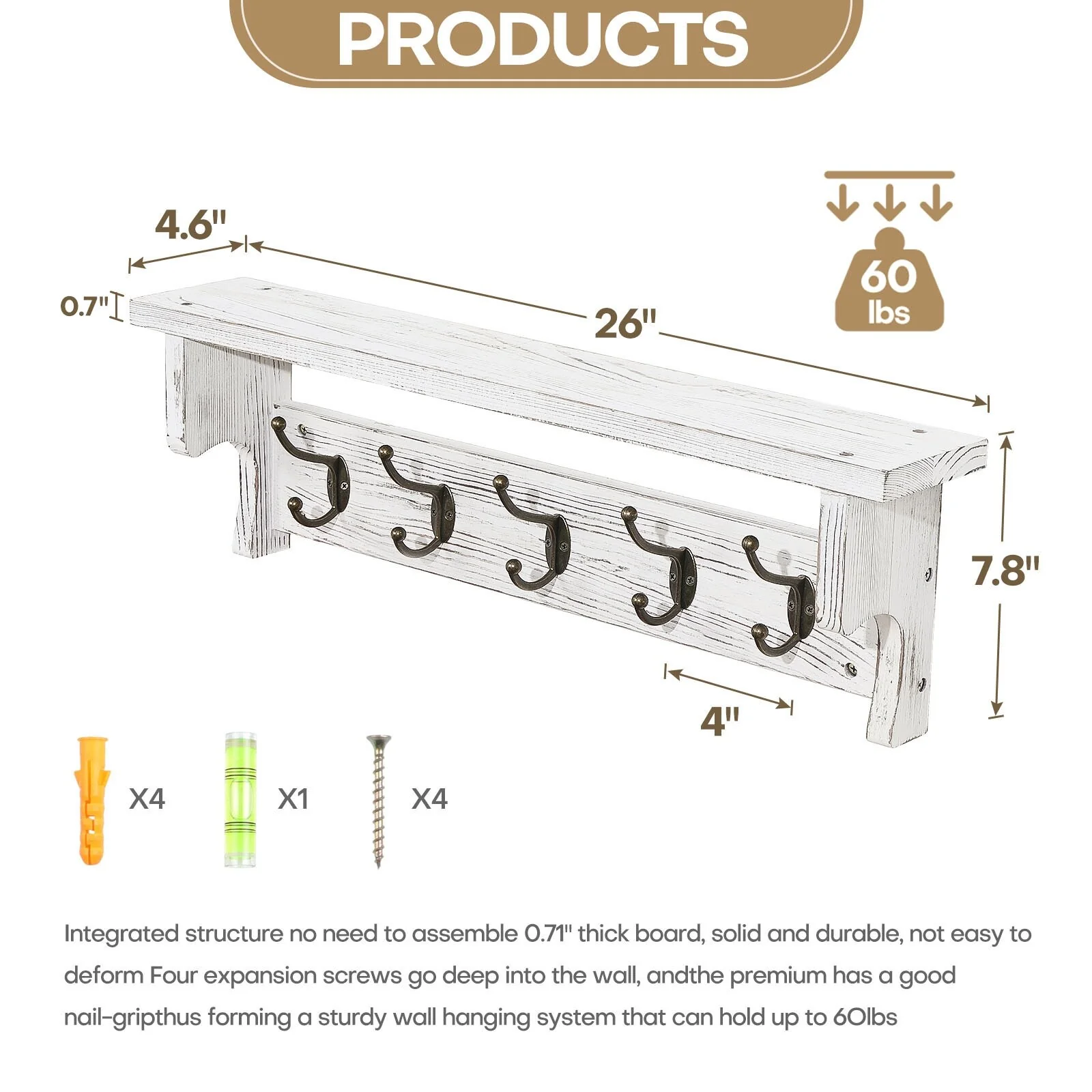 Rustic Wall Mounted Coat Rack with Storage Shelf & Metal Hooks