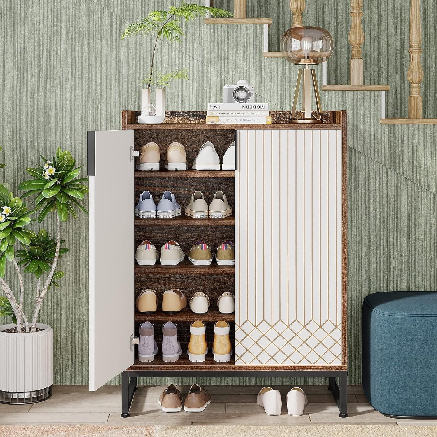 25 Pairs Shoe Cabinet with Doors, 5 Tiers Shoes Rack Organizer Cabinet - 5-Tier