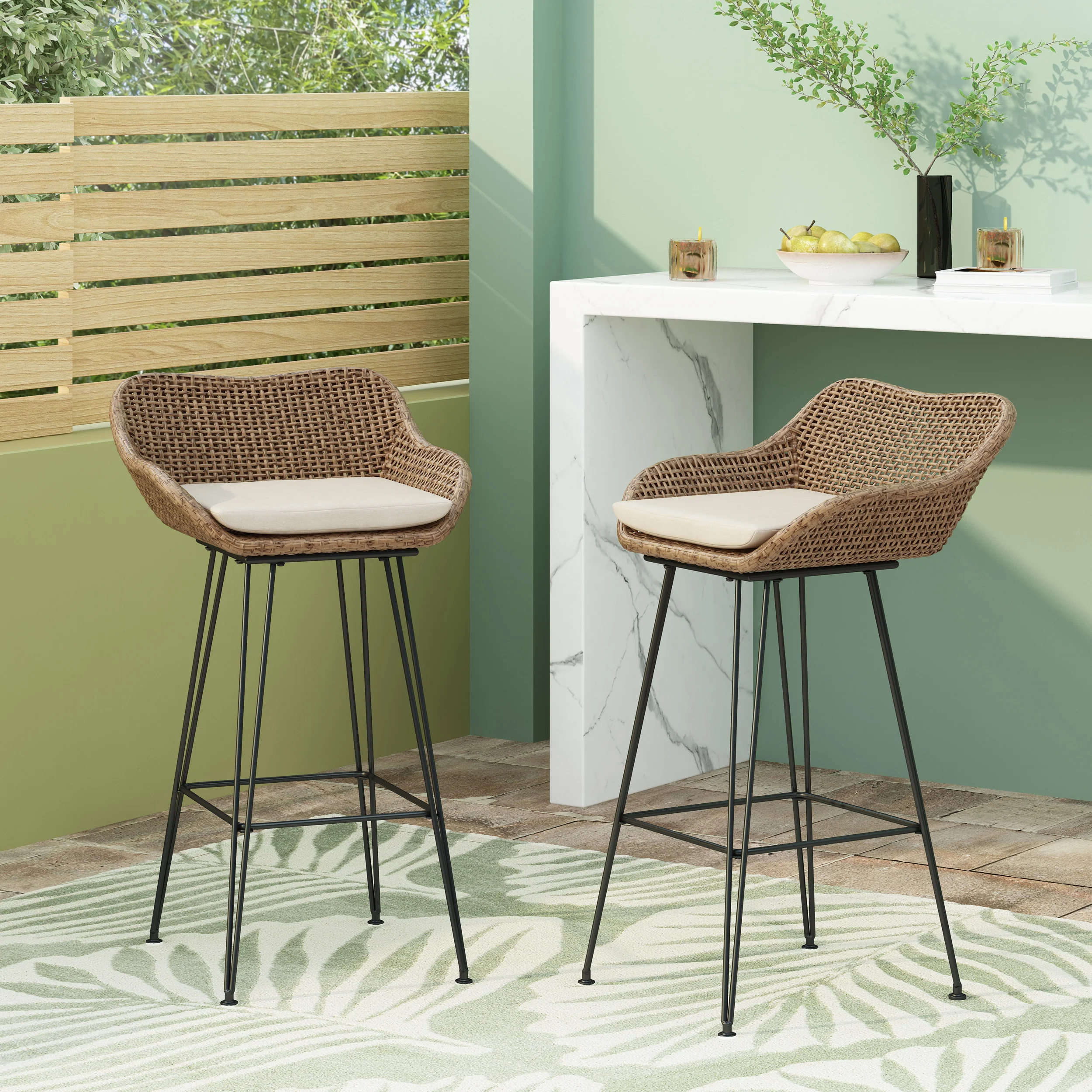 29.25 Outdoor Wicker Bar Stool with Hairpin Legs and Low Back, Set of 2