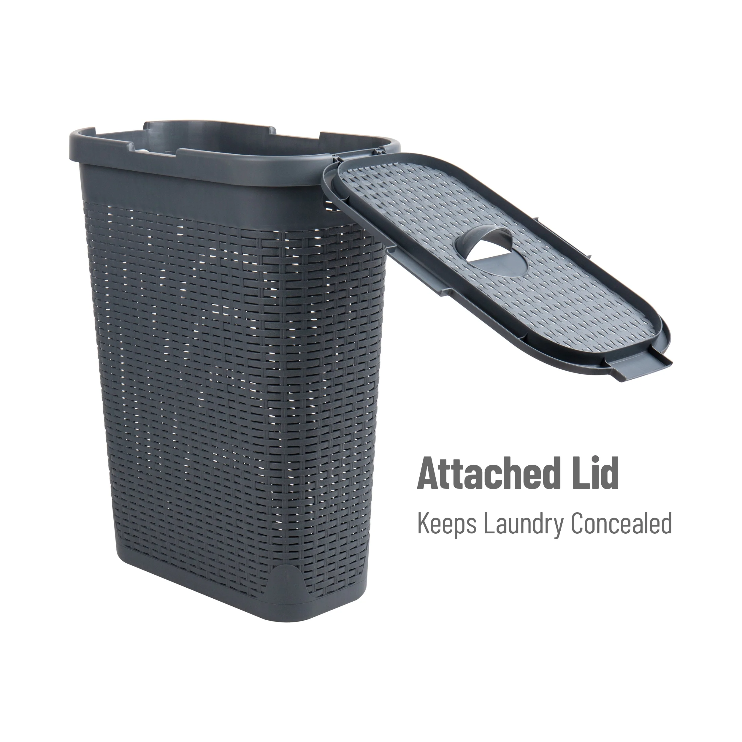 Mind Reader 40L Slim Laundry Hamper, Clothes Basket, Lid, Wicker Design, Plastic, 18
