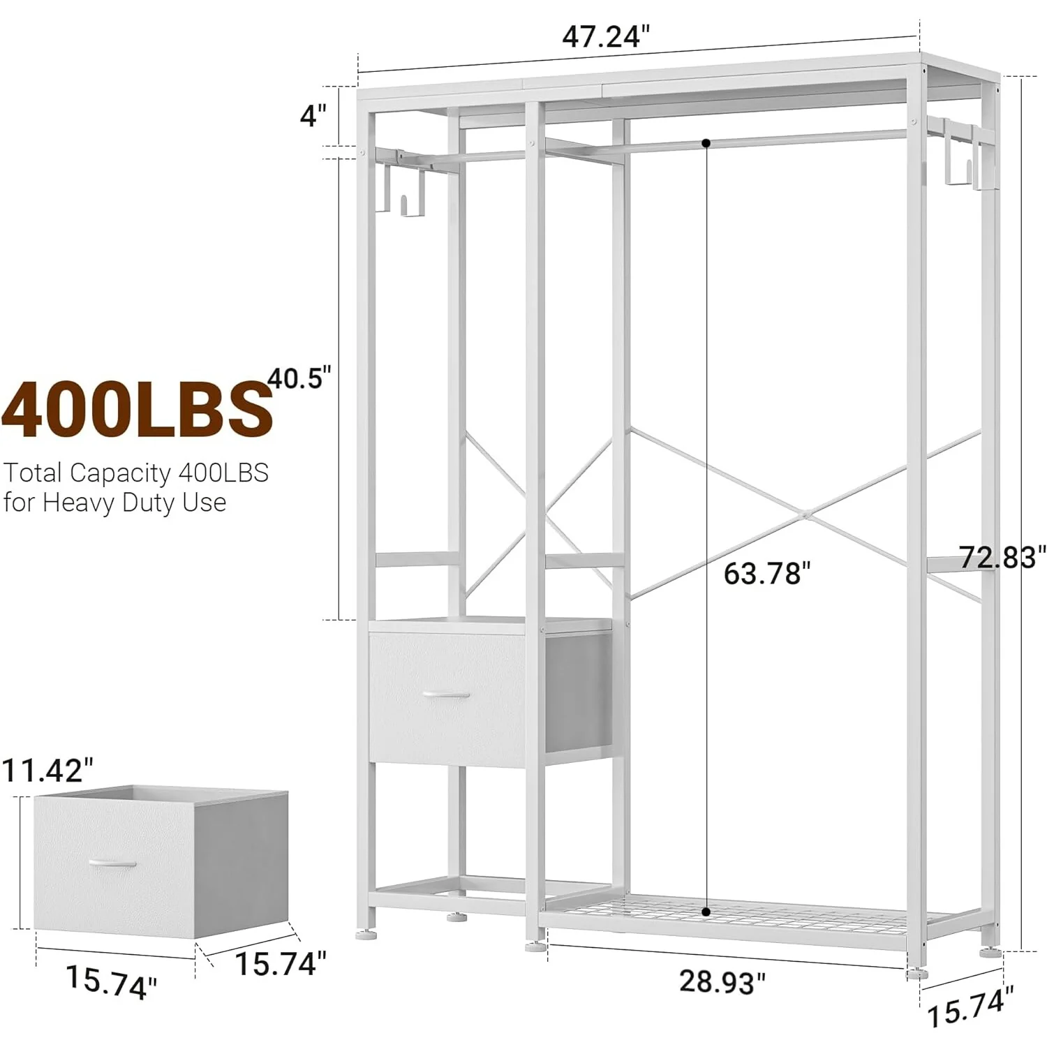 Clothes Rack, Closet Organizer with Storage Shelves, Hanging Bar, Drawers - 47.24