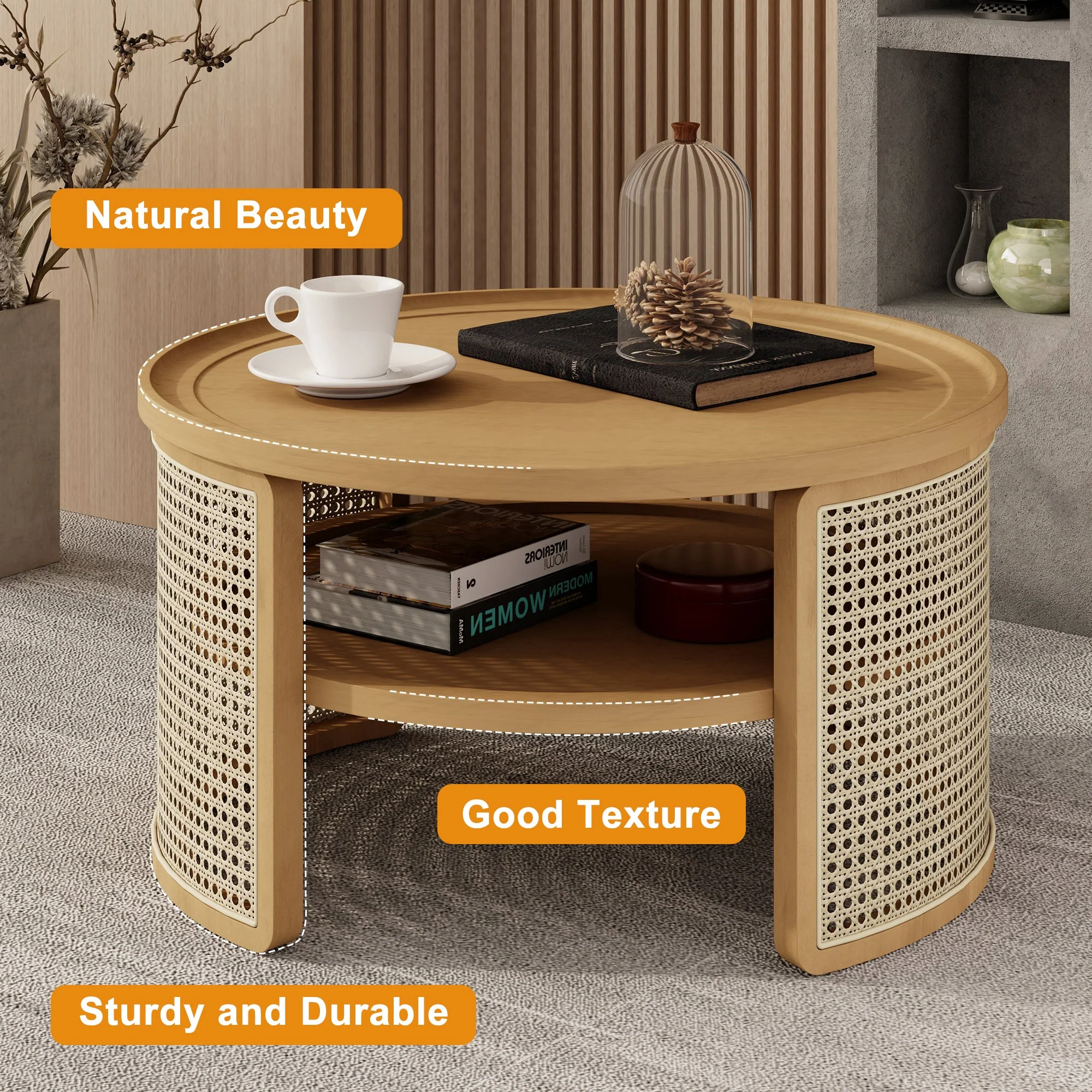 Wintered 2-Tiered Coffee Table with Rattan Base and Curved Edge Design
