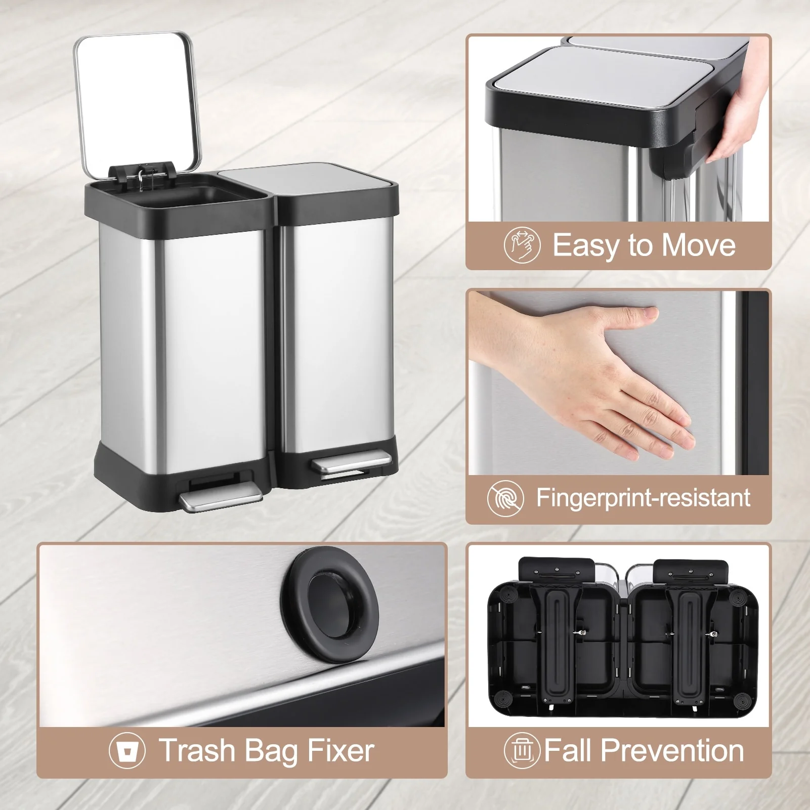 Stainless Steel Dual Trash Can, 2 Pedal