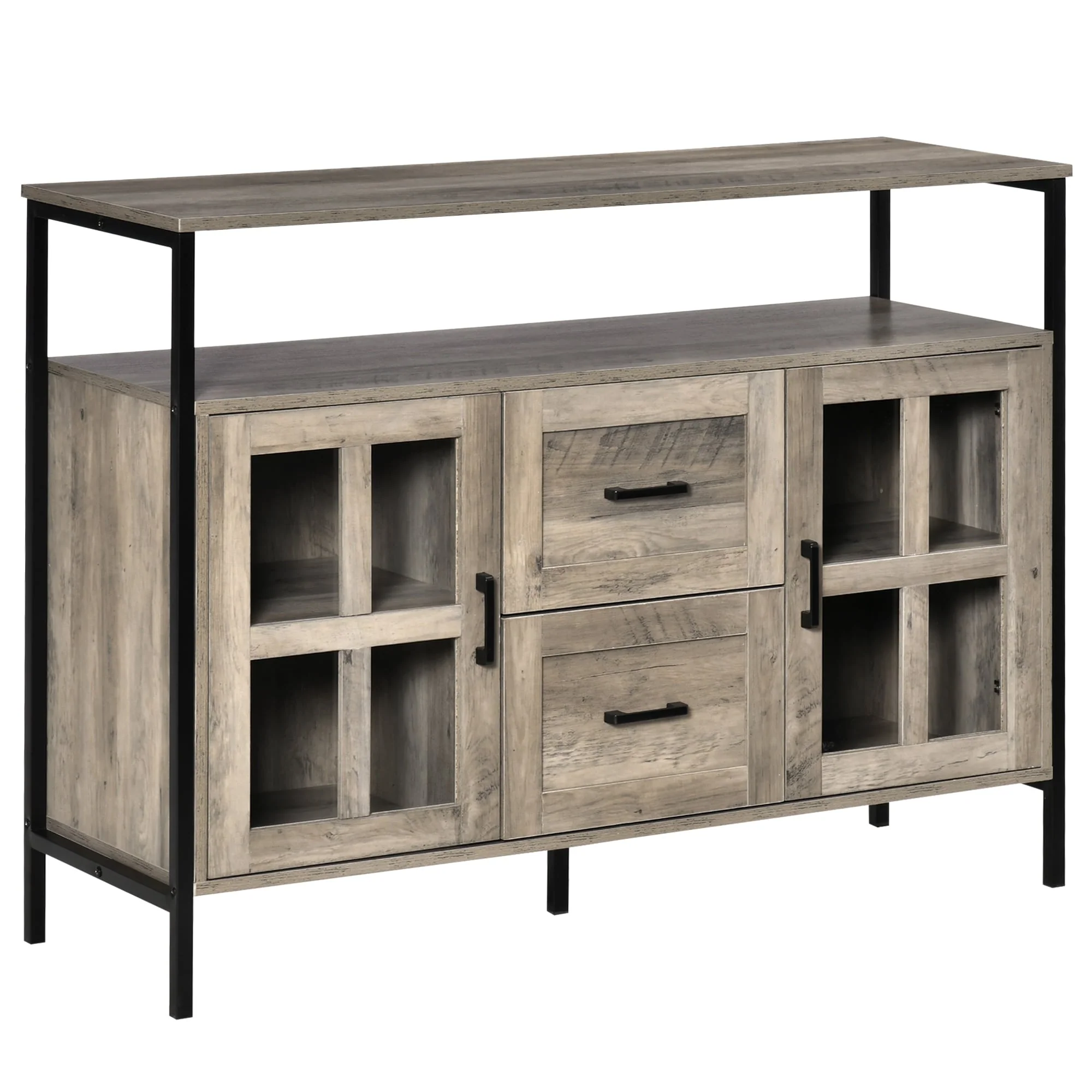 HOMCOM Rustic Kitchen Sideboard, Serving Buffet Cabinet with Adjustable Shelves, Glass Doors, and 2 Drawers