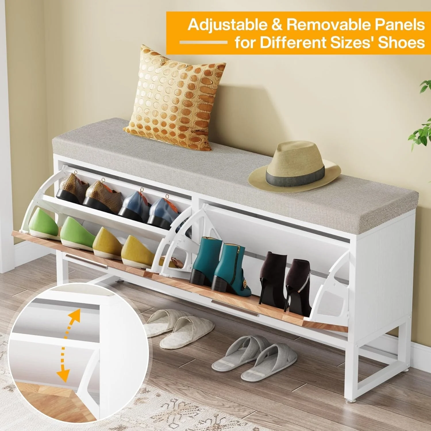 Shoe Storage Bench with Cushion, Entryway Shoe Bench with 2 Flip Drawers